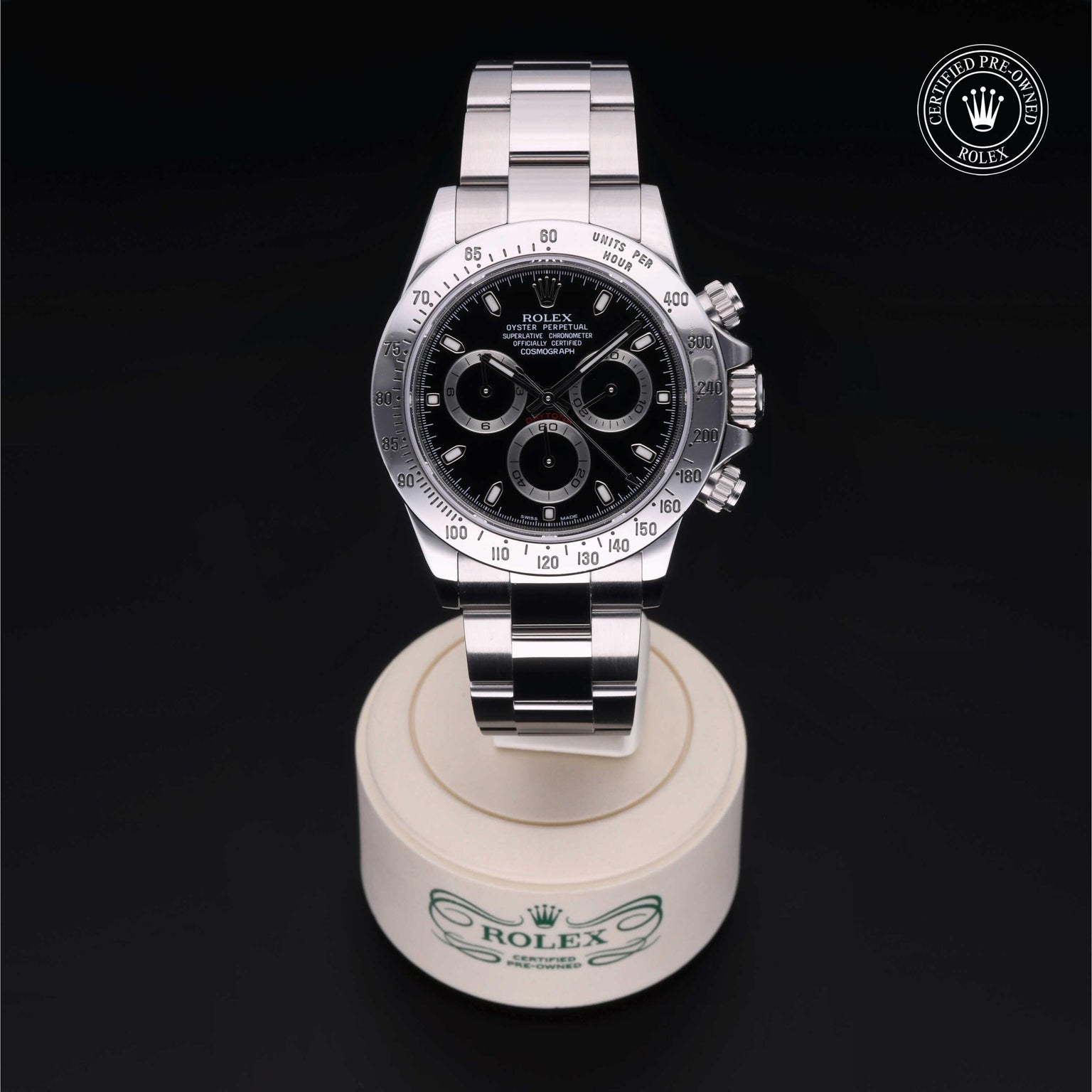 Rolex Certified Pre-owned Daytona M116520-0015 front on black background
