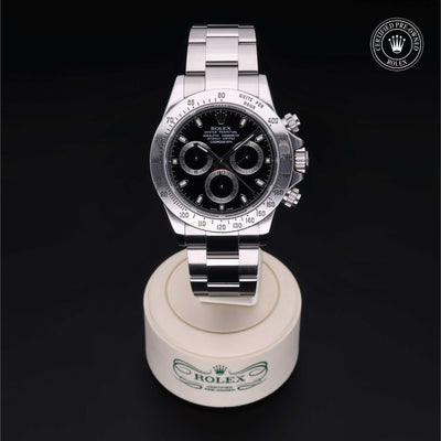 Rolex Certified Pre-owned Daytona M116520-0015 front on black background