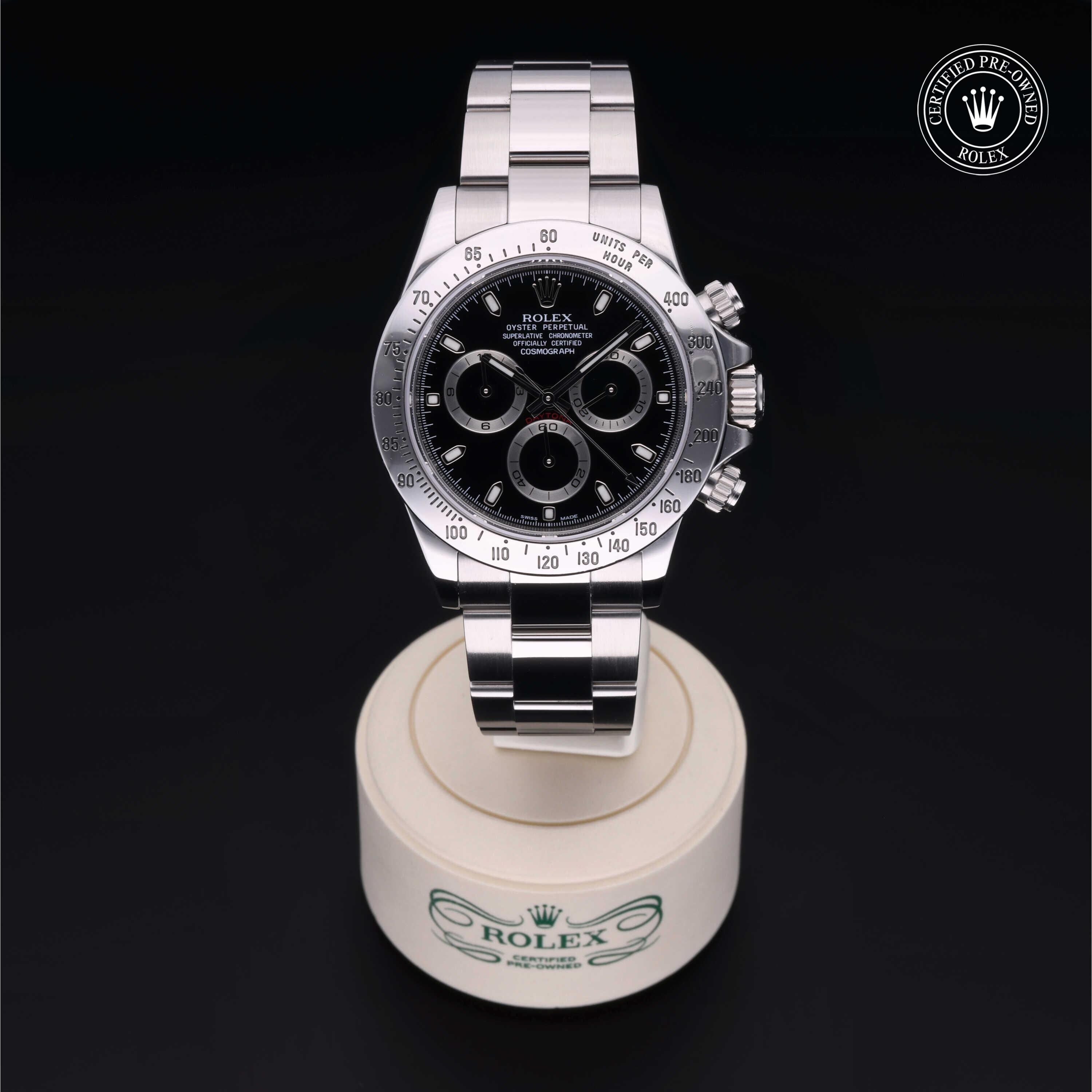 Rolex Certified Pre-owned Daytona M116520-0015 front on black background