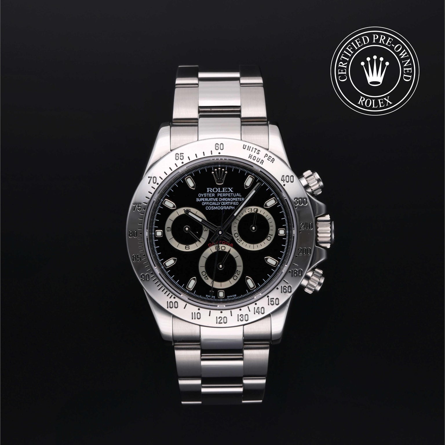 Rolex Certified Pre-owned Daytona M116520-0015 front on black background