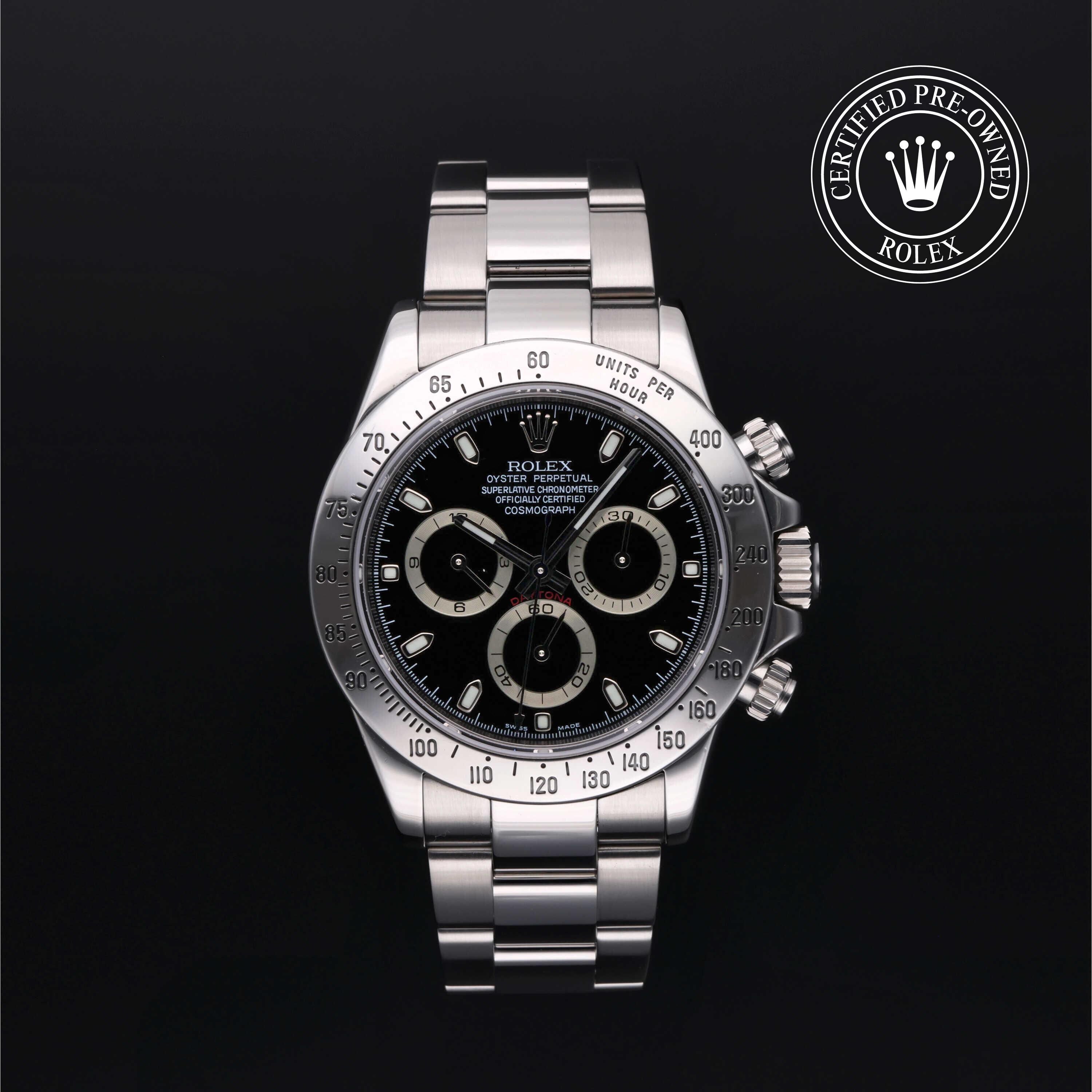 Rolex Certified Pre-owned Daytona M116520-0015 front on black background