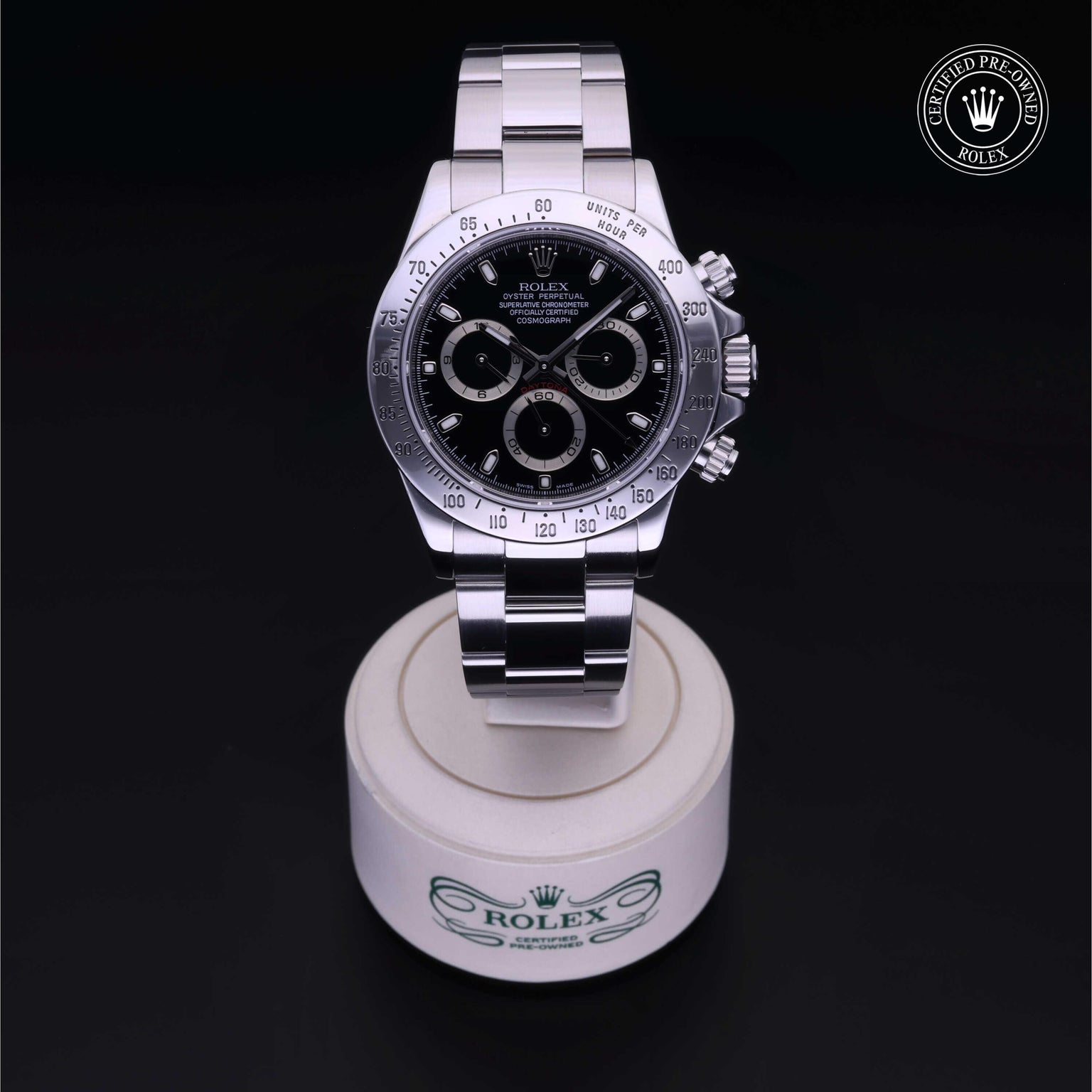 Rolex Certified Pre-owned Daytona M116520-0015 front on black background