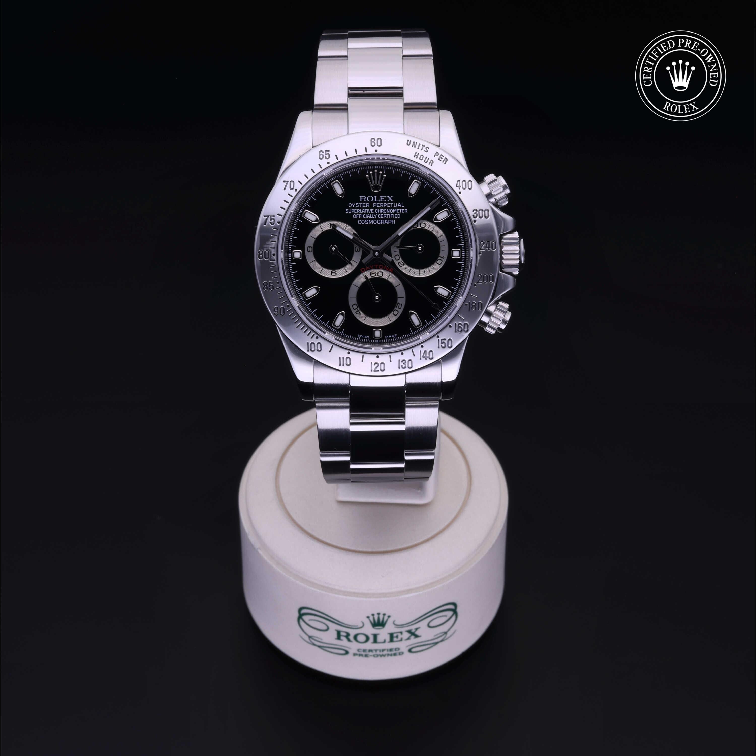 Rolex Certified Pre-owned Daytona M116520-0015 front on black background
