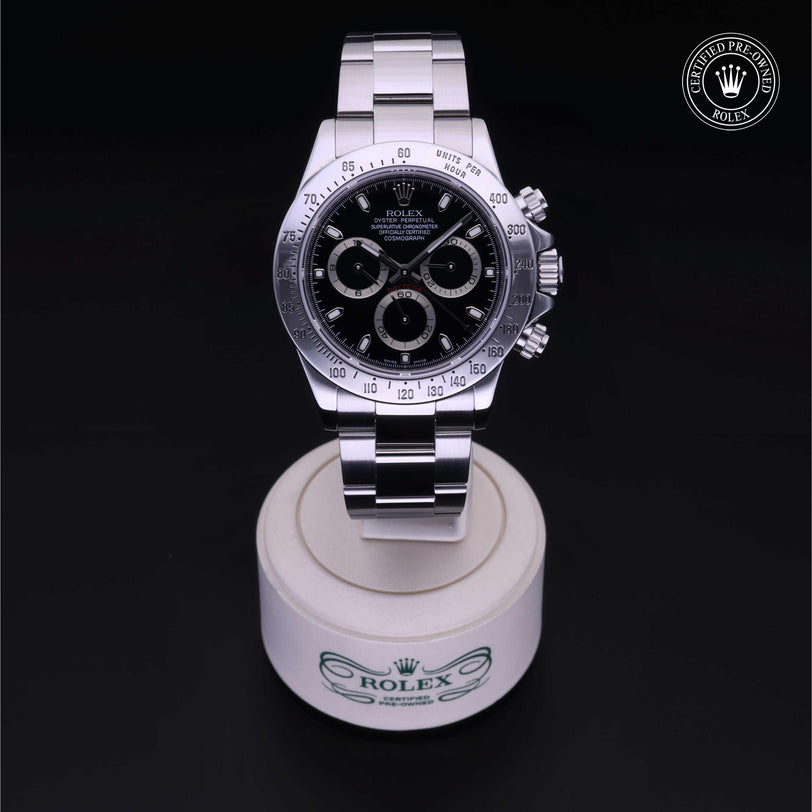 Rolex Certified Pre-owned Daytona M116520-0015 front on black background