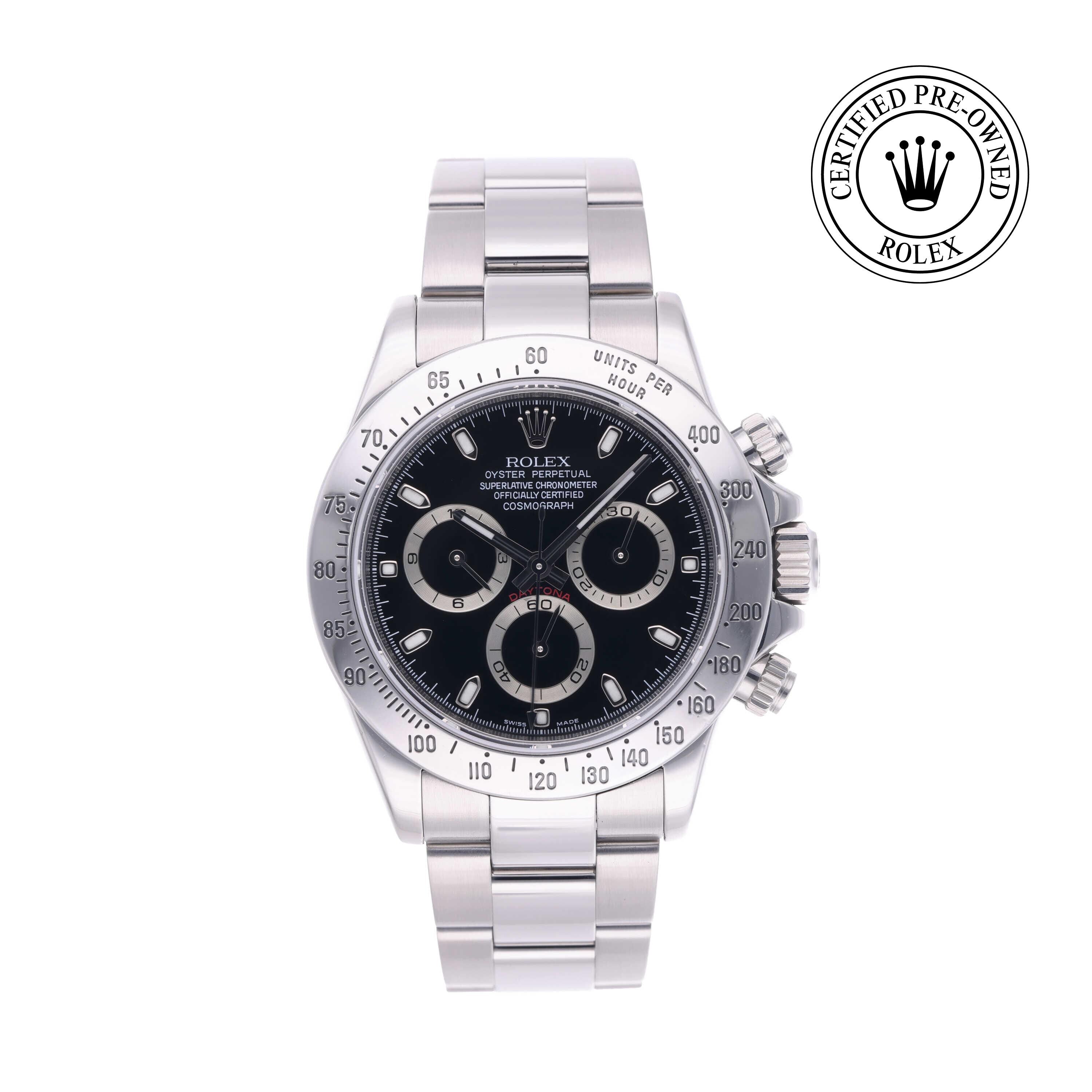 Rolex Certified Pre-owned Daytona M116520-0015 front on white background
