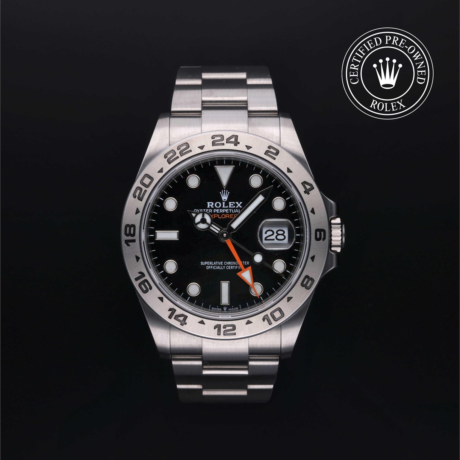 Rolex Certified Pre-owned Explorer M226570-0002 front on black background