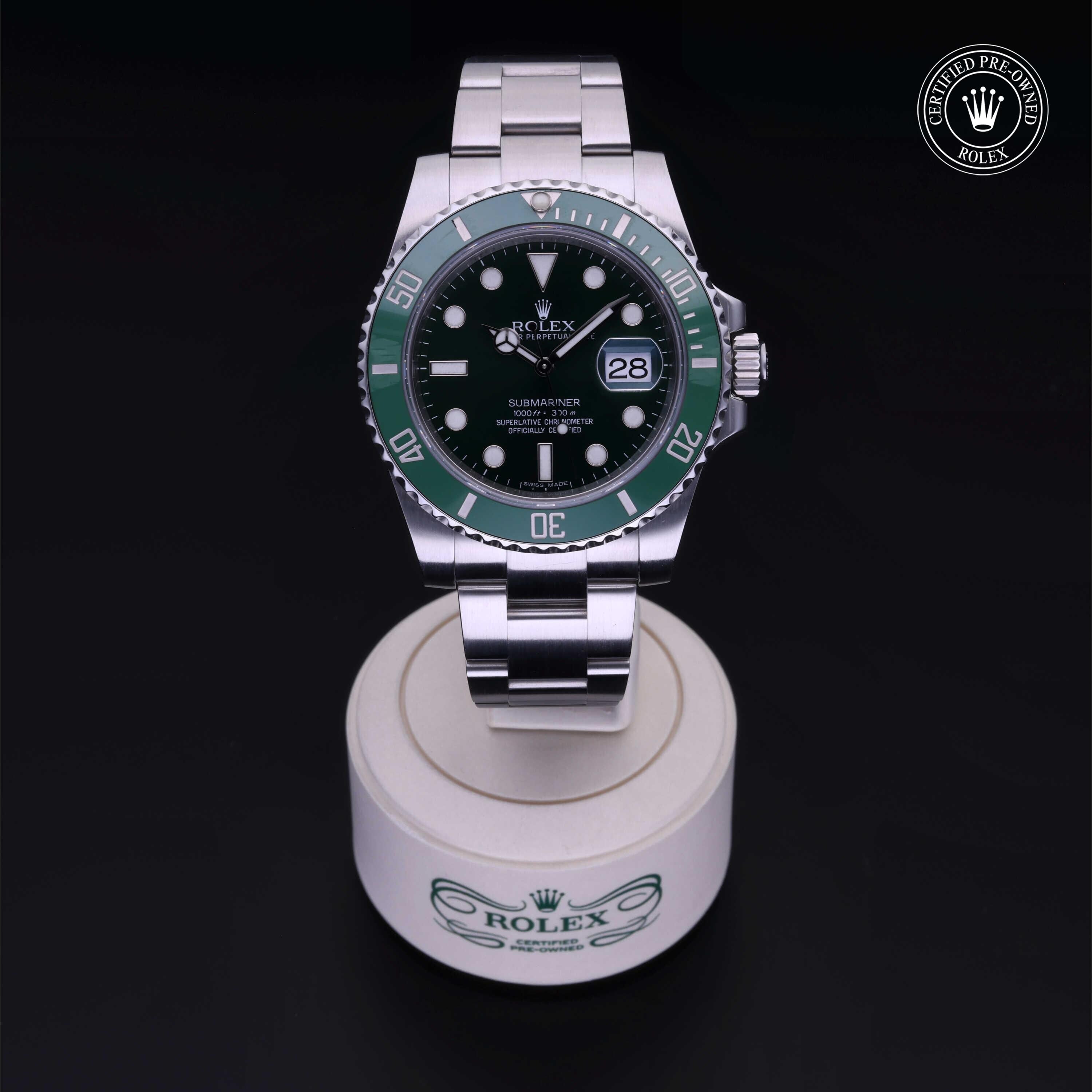 Rolex Certified Pre-owned Submariner M116610LV-0002 front on black background