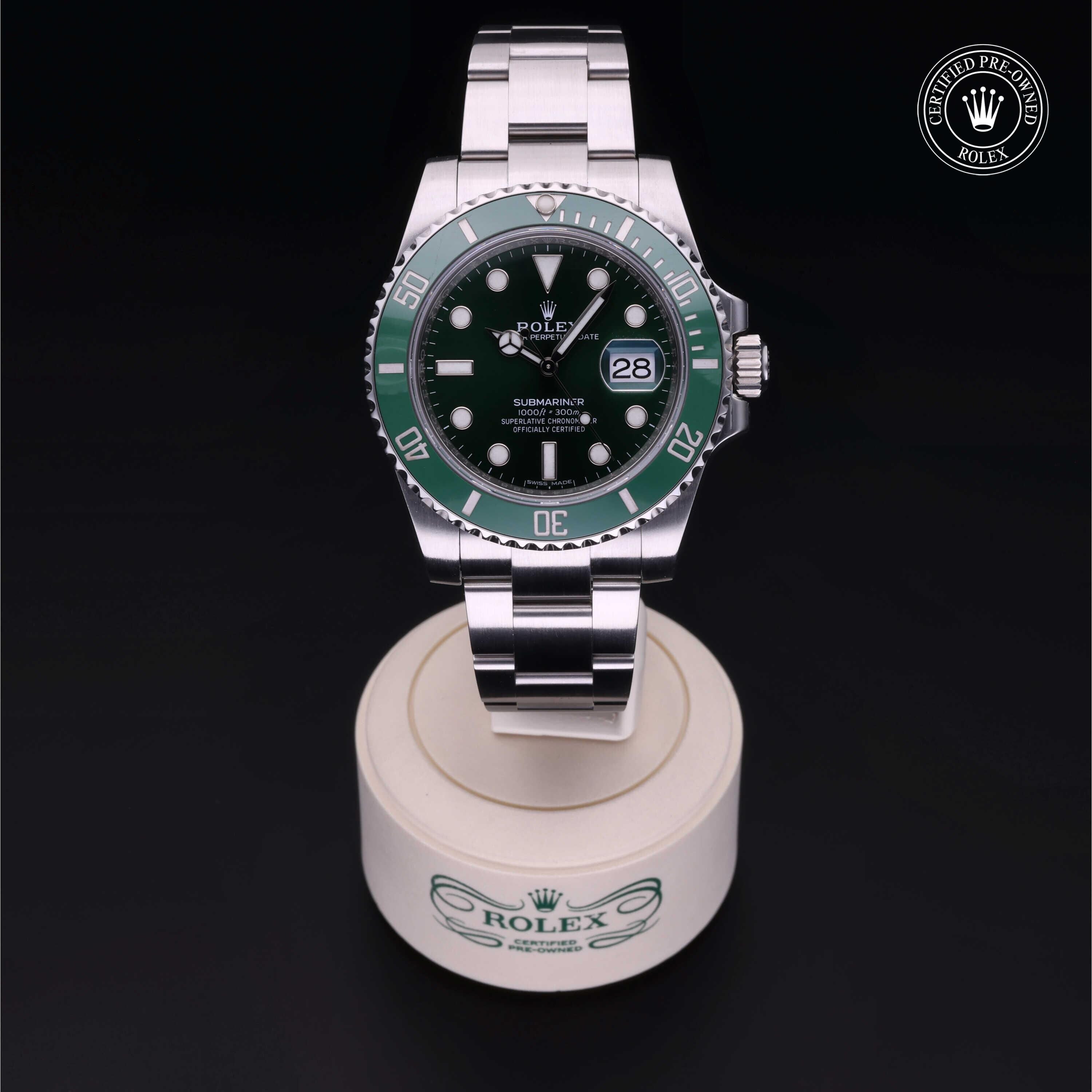 Rolex Certified Pre-owned Submariner M116610LV-0002 front on black background