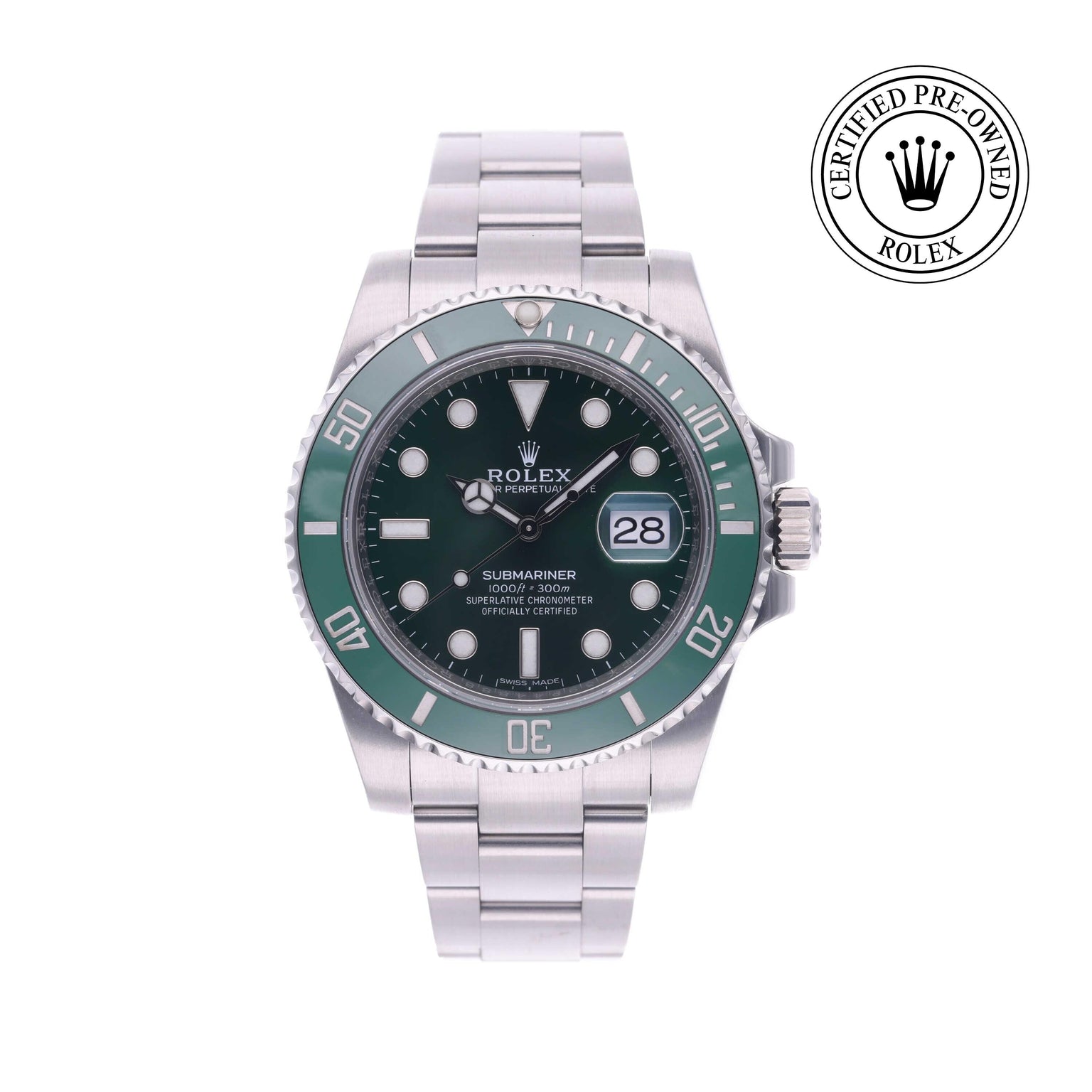 Rolex Certified Pre-owned Submariner M116610LV-0002 front on white background