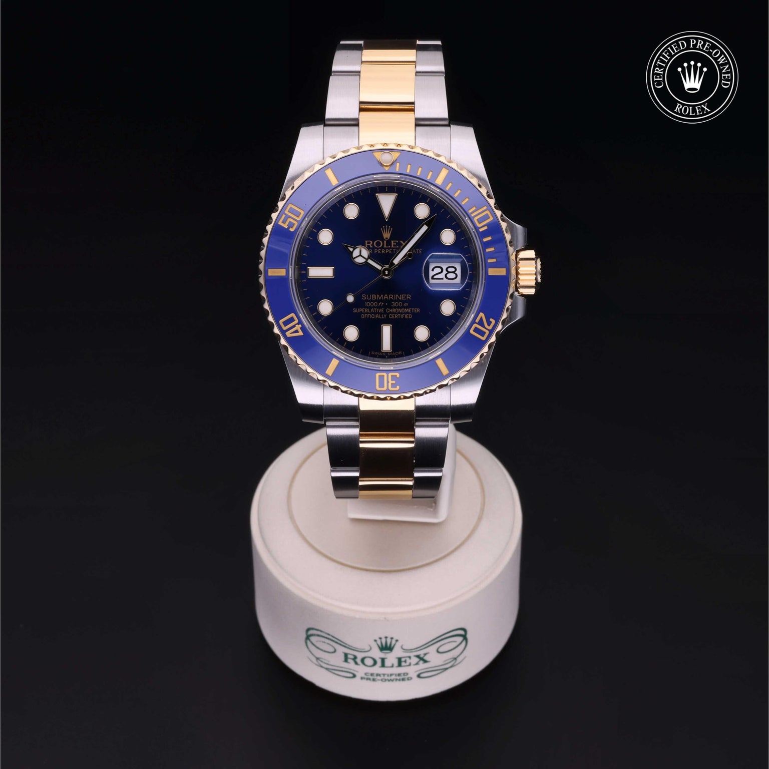 Rolex Certified Pre-owned Submariner M116613LB-0005 front on black background