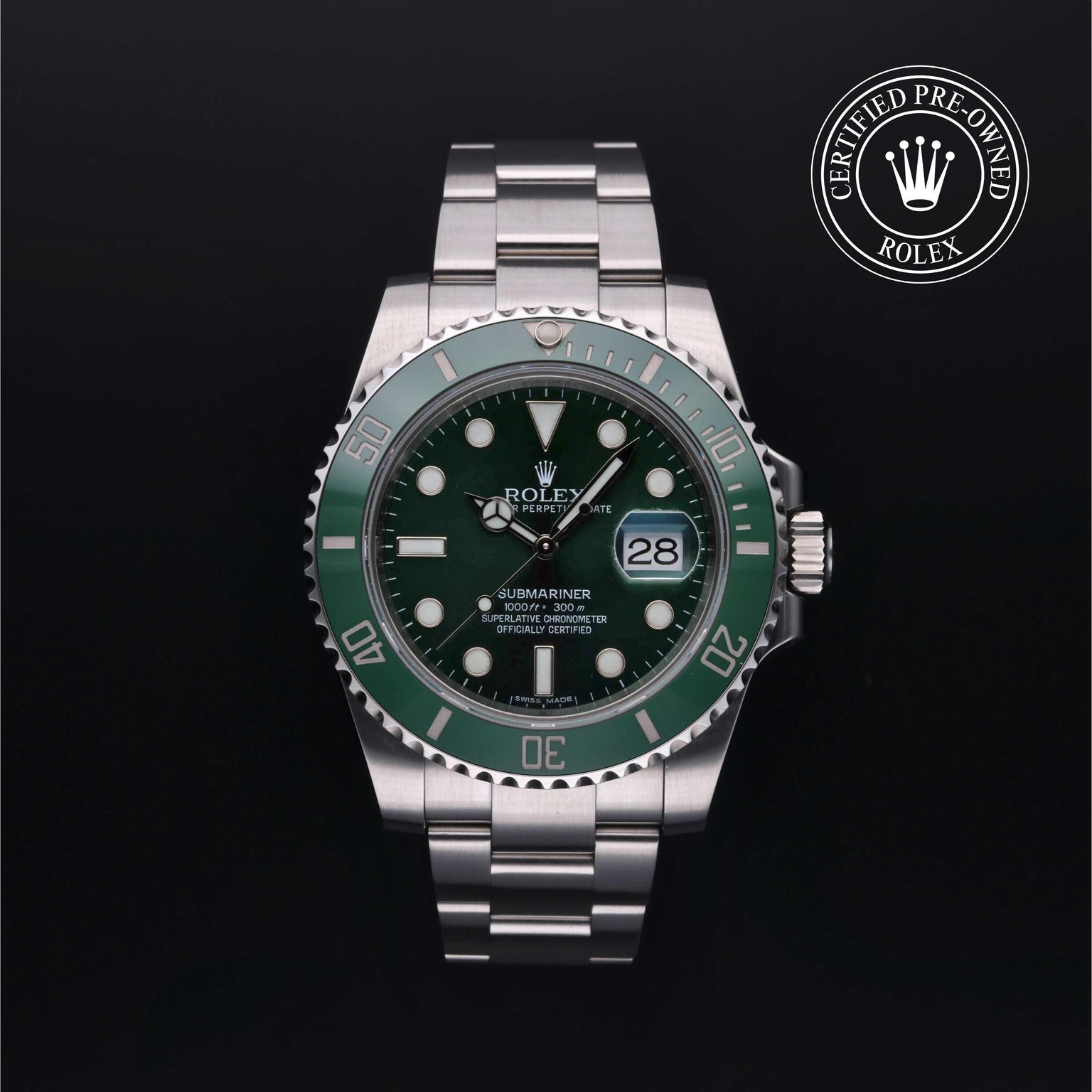 Rolex Certified Pre-owned Submariner M116610LV-0002 front on black background