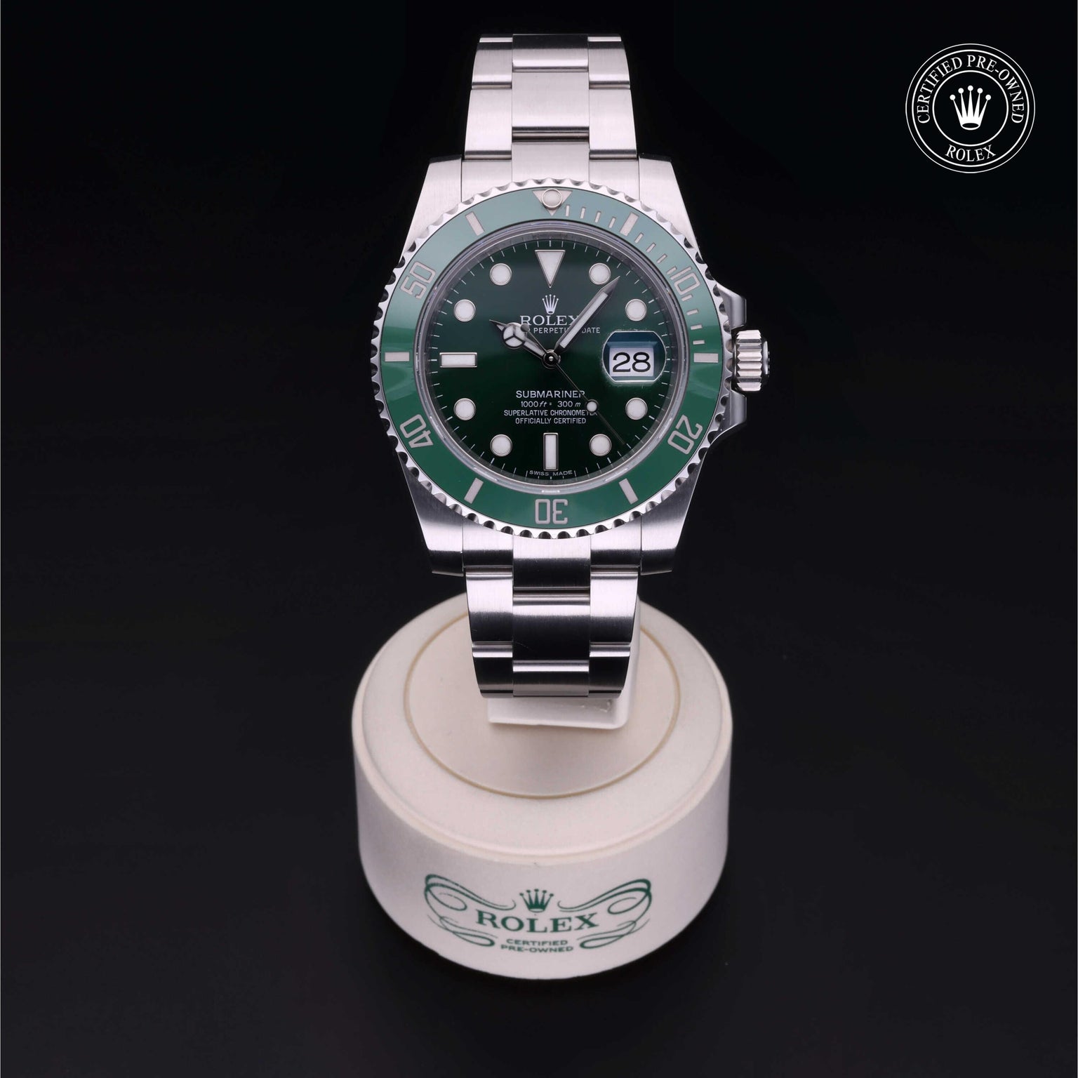 Rolex Certified Pre-owned Submariner M116610LV-0002 front on black background
