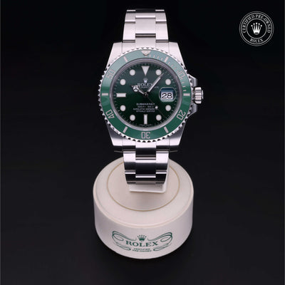 Rolex Certified Pre-owned Submariner M116610LV-0002 front on black background