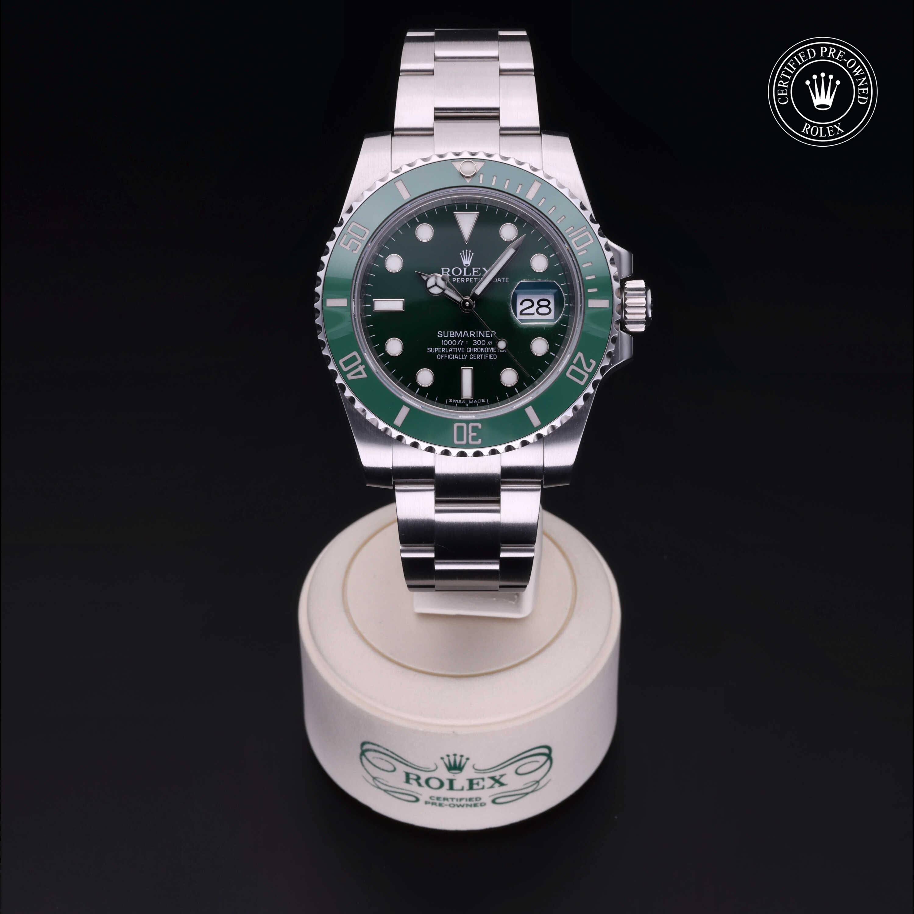 Rolex Certified Pre-owned Submariner M116610LV-0002 front on black background