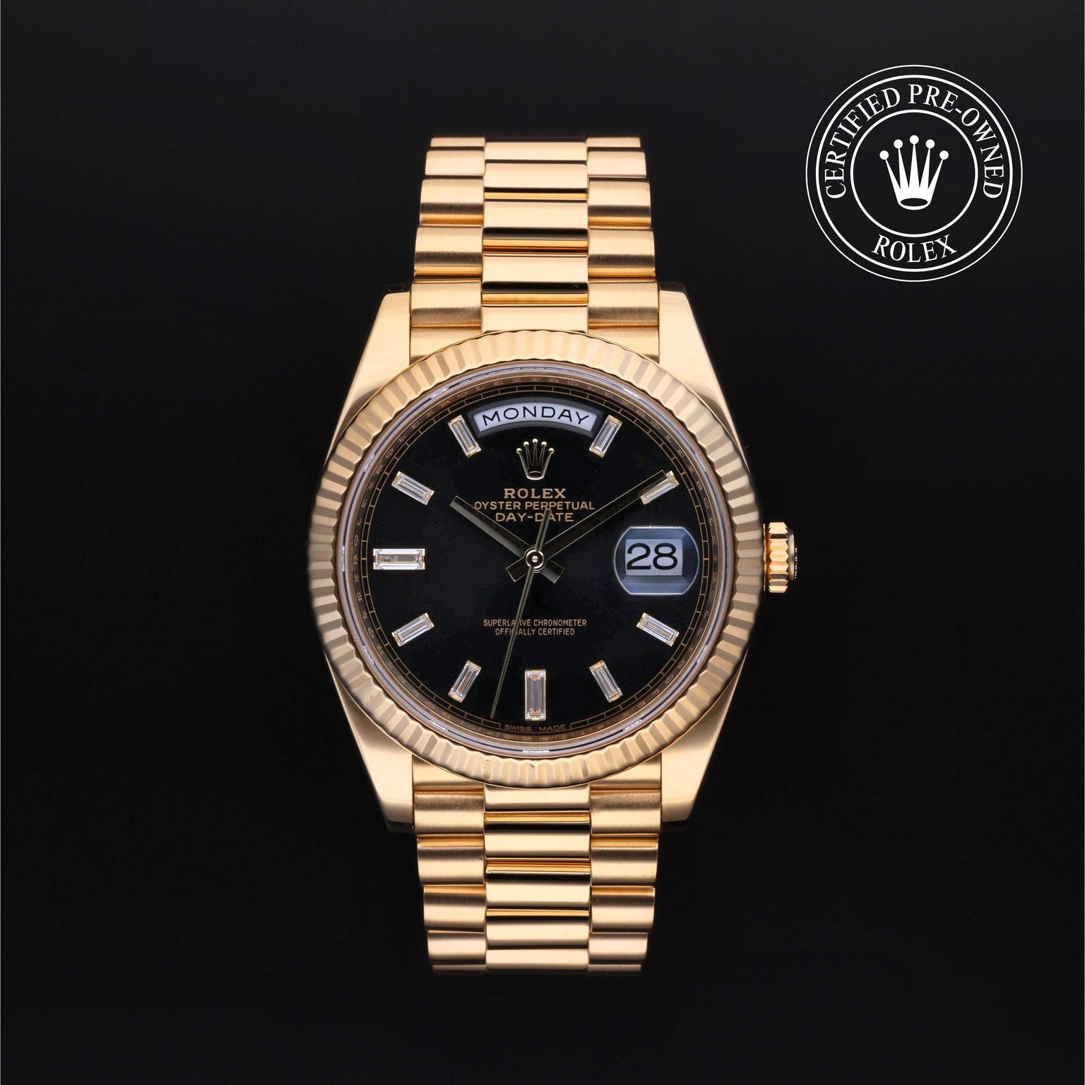 Rolex Certified Pre-owned Day-date M228238-0002 front on black background