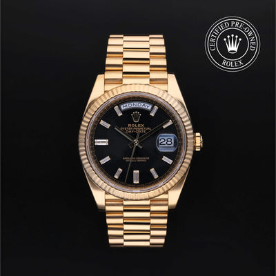 Rolex Certified Pre-owned Day-date M228238-0002 front on black background