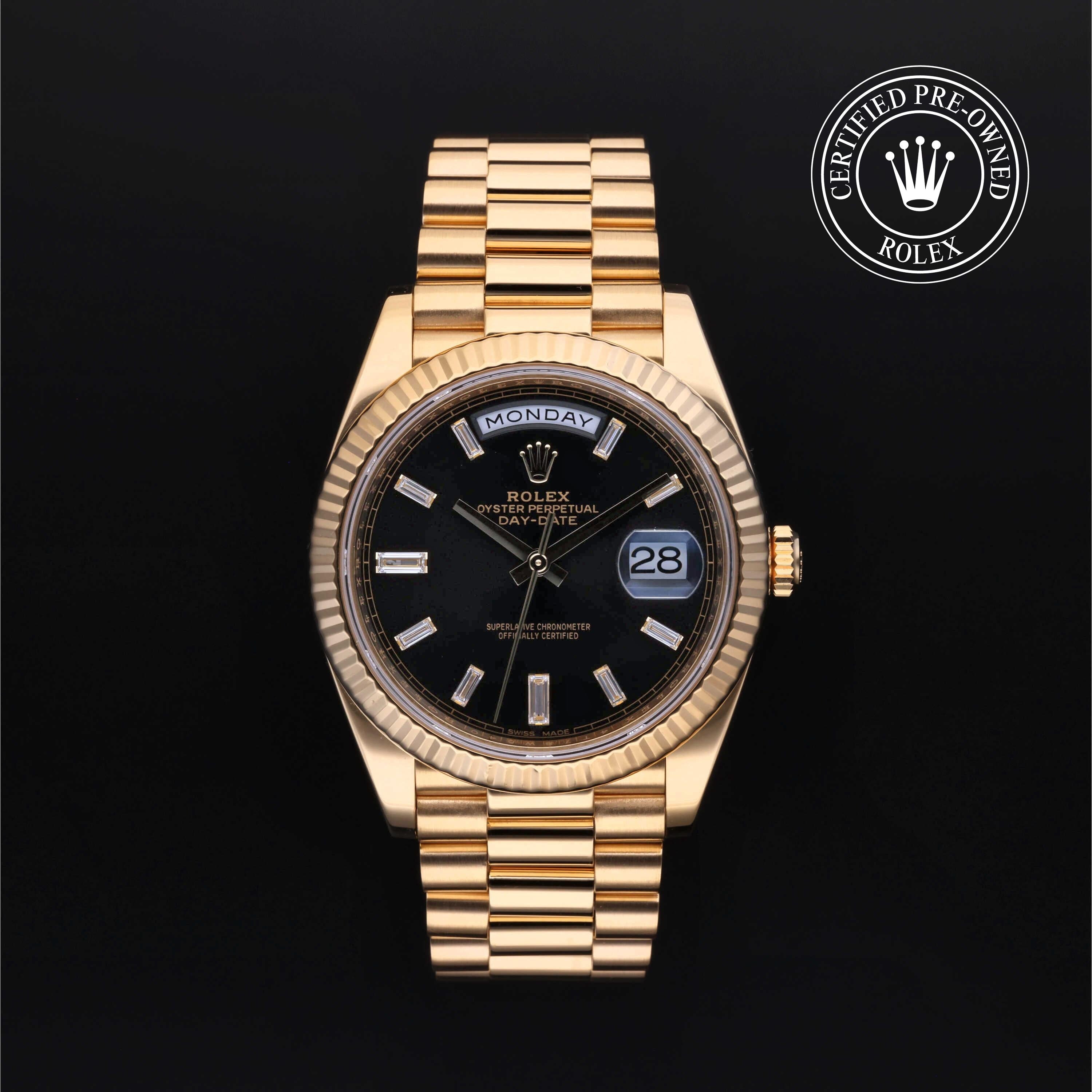 Rolex Certified Pre-owned Day-date M228238-0002 front on black background