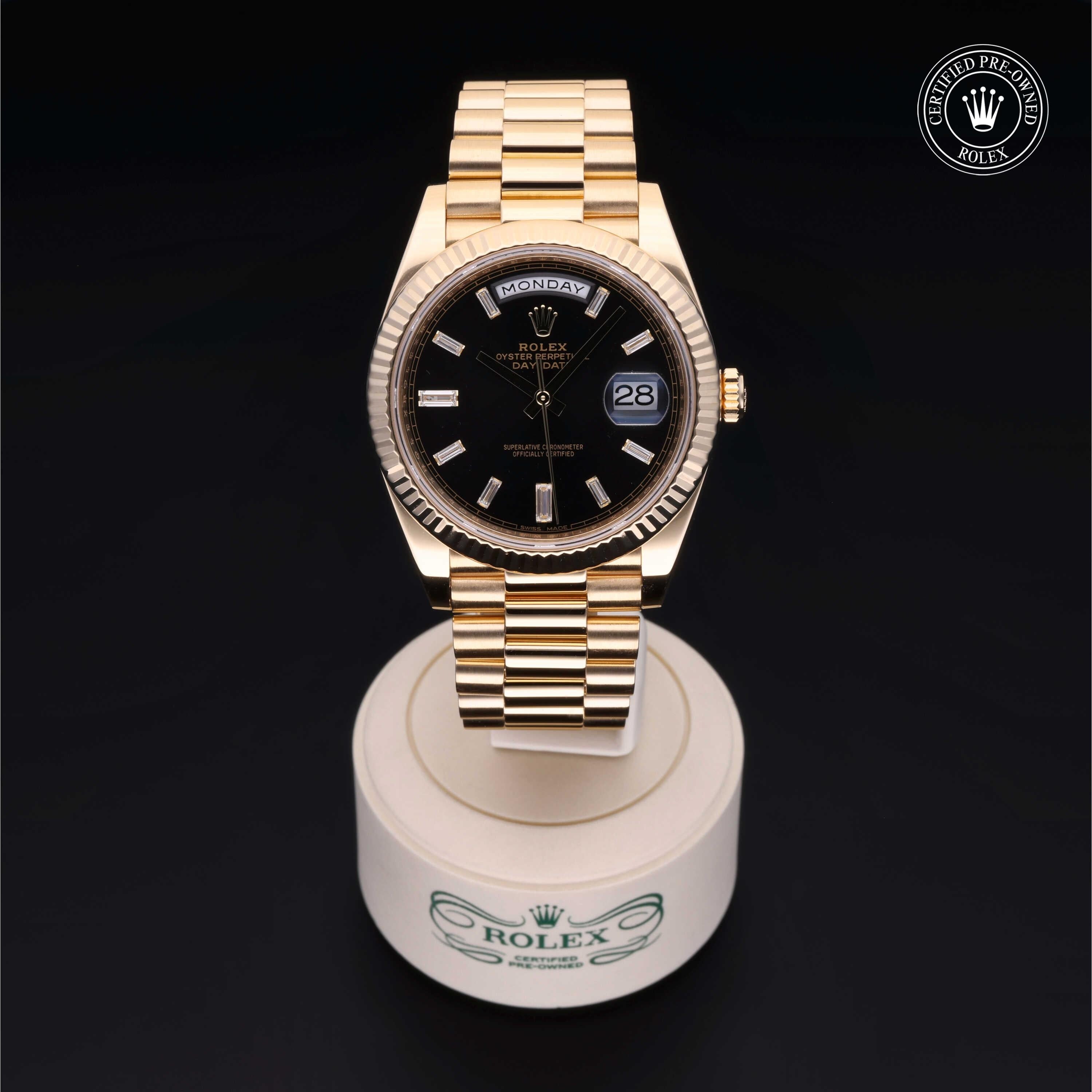 Rolex Certified Pre-owned Day-date M228238-0002 front on black background