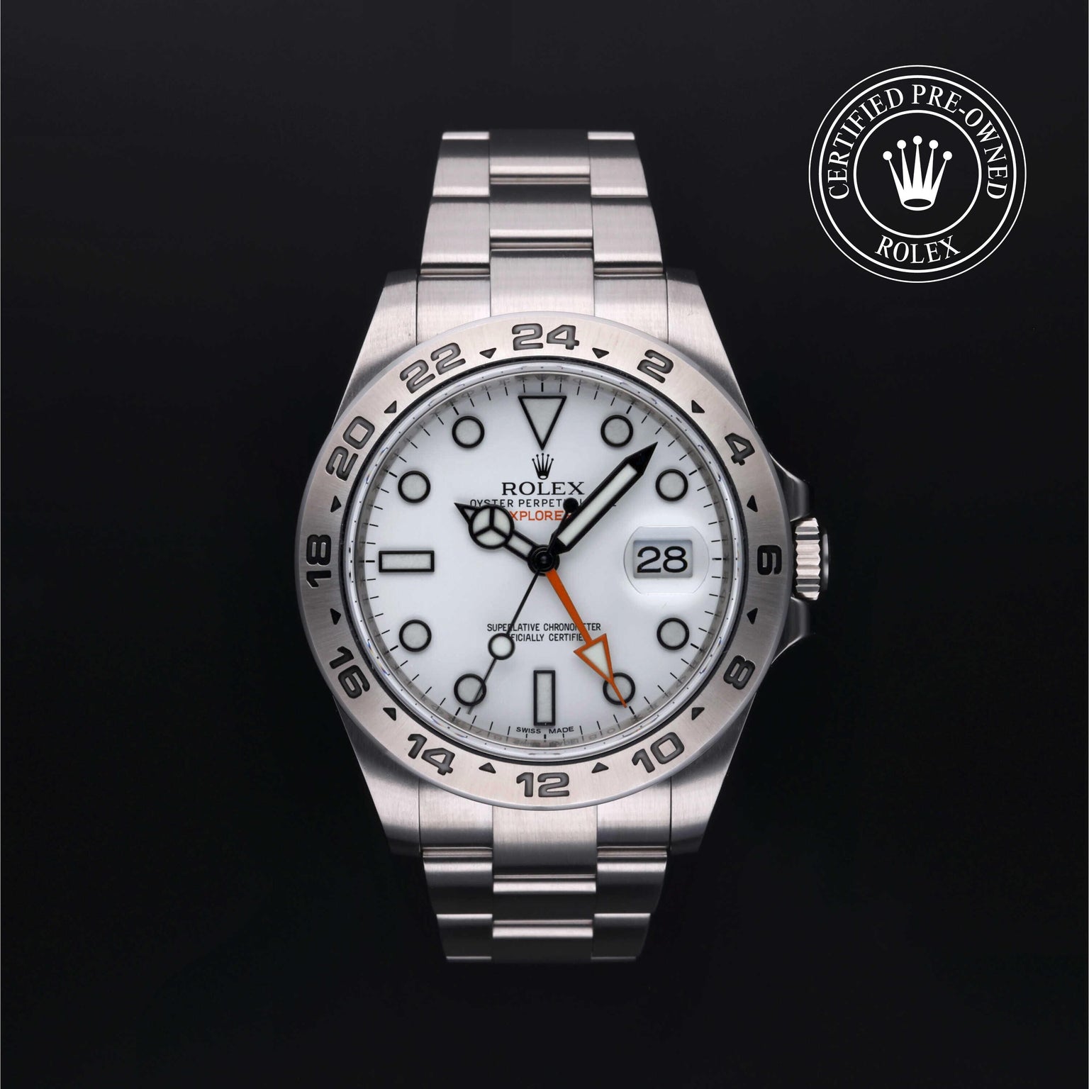Rolex Certified Pre-owned Explorer M216570-0001 front on black background