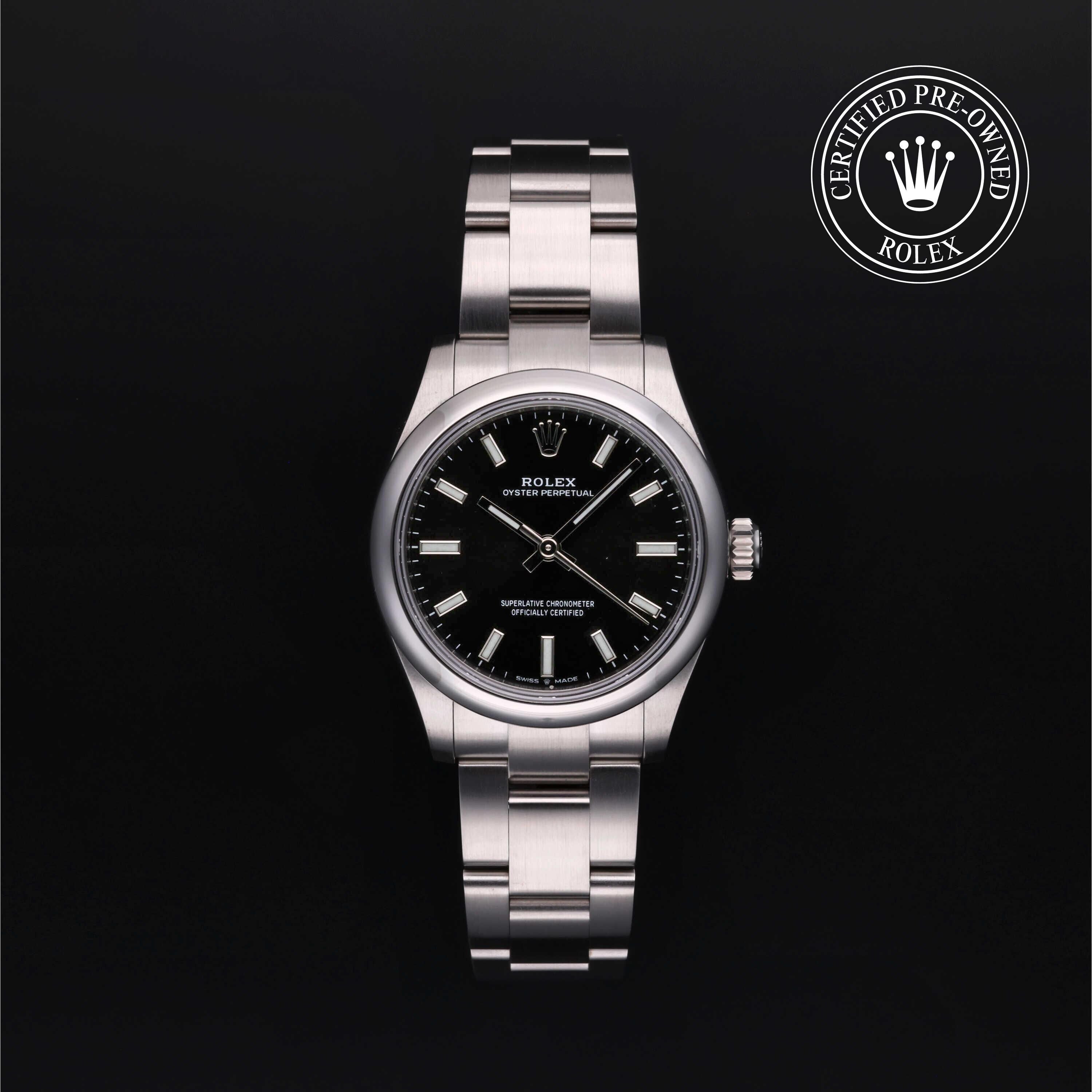 Rolex Certified Pre-owned Oyster Perpetual M277200-0002 front on black background