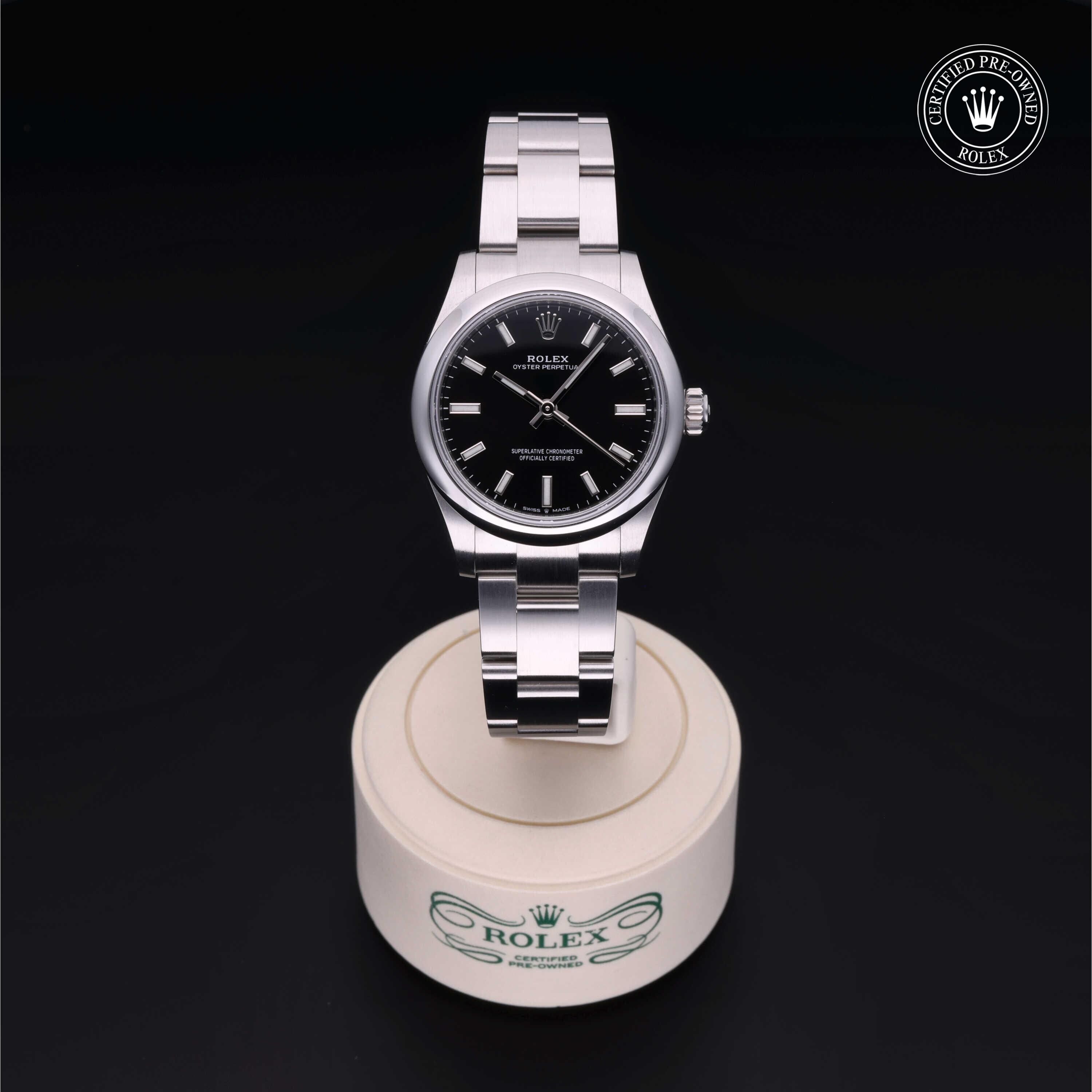 Rolex Certified Pre-owned Oyster Perpetual M277200-0002 front on black background