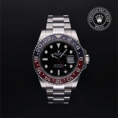 Rolex Certified Pre-owned GMT II M126710BLRO-0001 front on black background