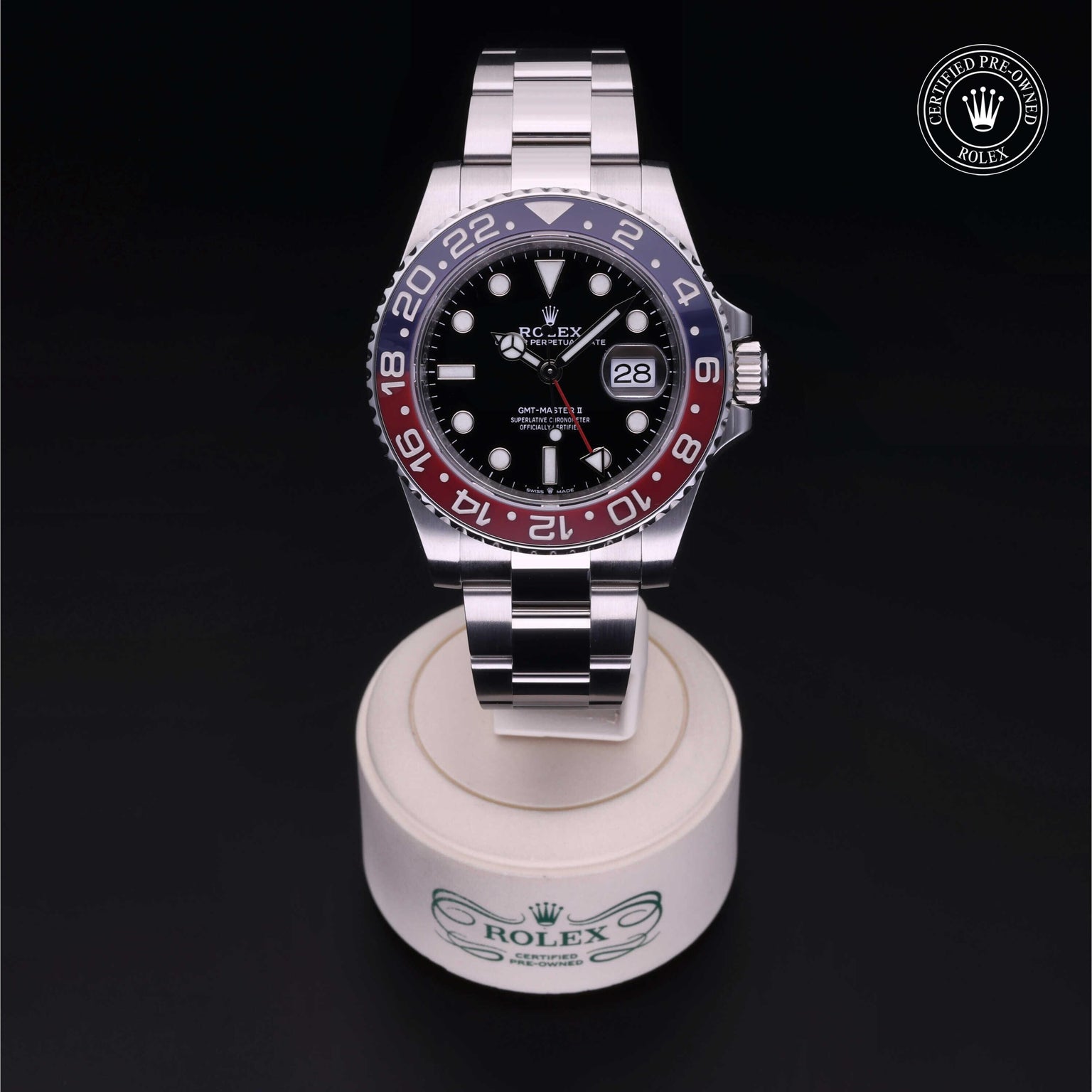 Rolex Certified Pre-owned GMT II M126710BLRO-0001 front on black background