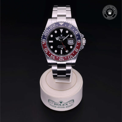 Rolex Certified Pre-owned GMT II M126710BLRO-0001 front on black background