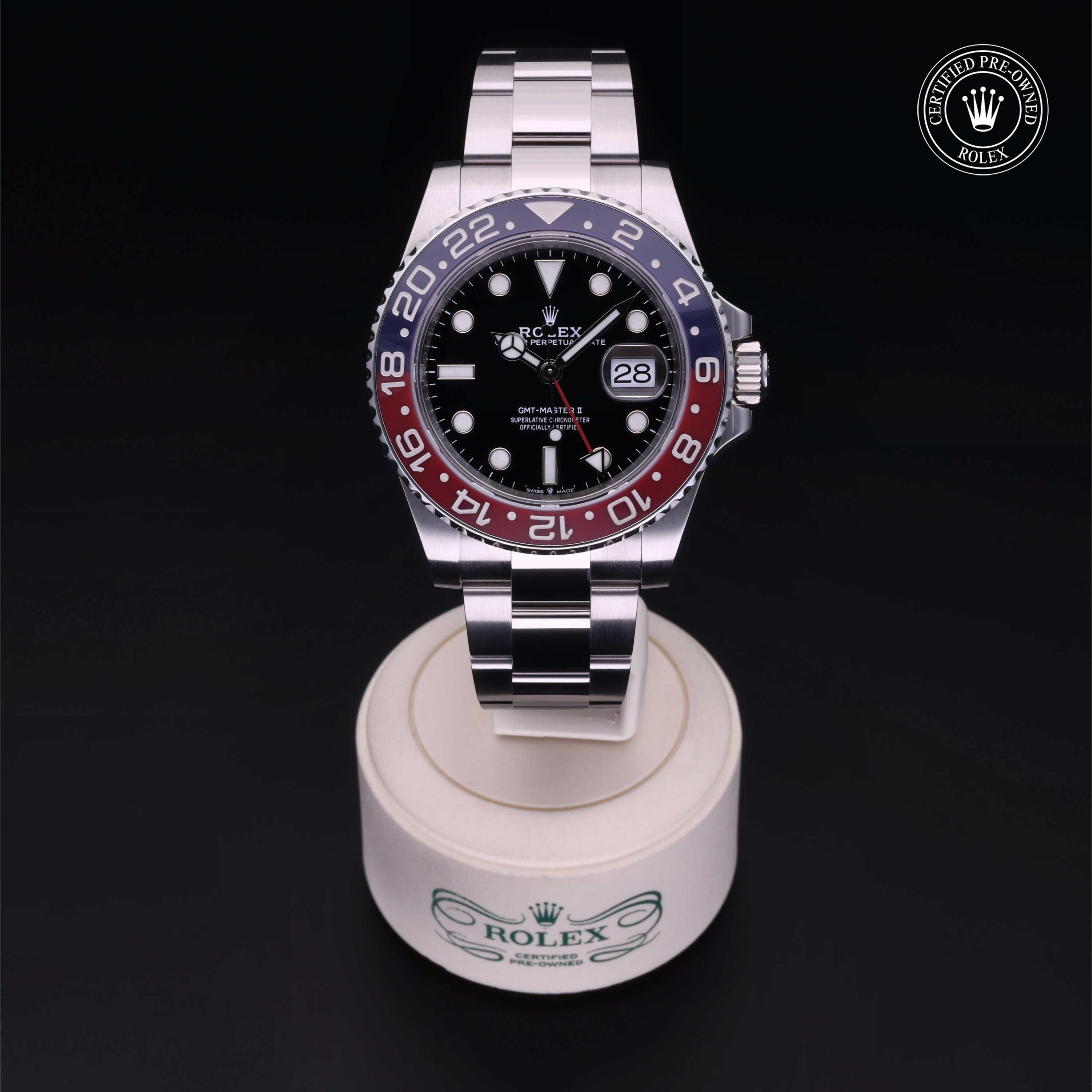 Rolex Certified Pre-owned GMT II M126710BLRO-0001 front on black background