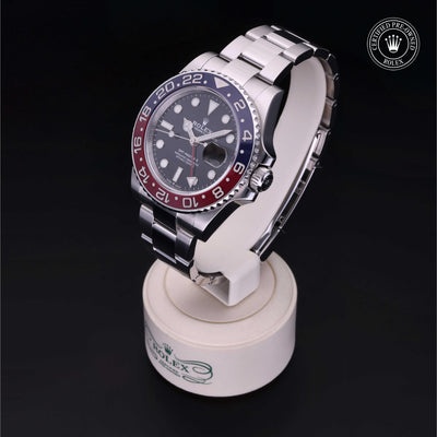 Rolex Certified Pre-owned GMT II M126710BLRO-0001 front on black background