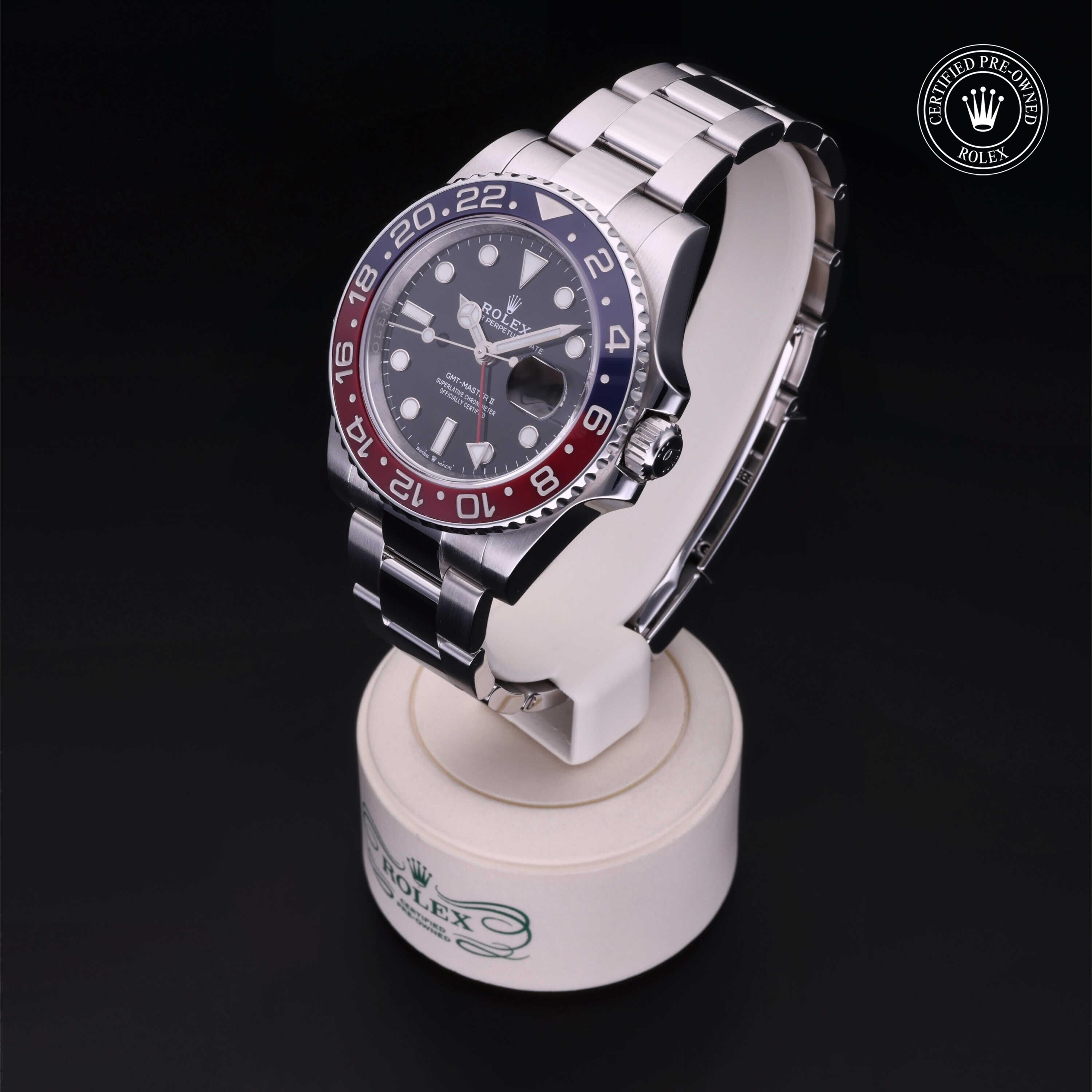 Rolex Certified Pre-owned GMT II M126710BLRO-0001 front on black background