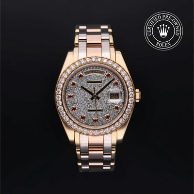 Rolex Certified Pre-owned Pearlmaster M18948-0007 front on black background