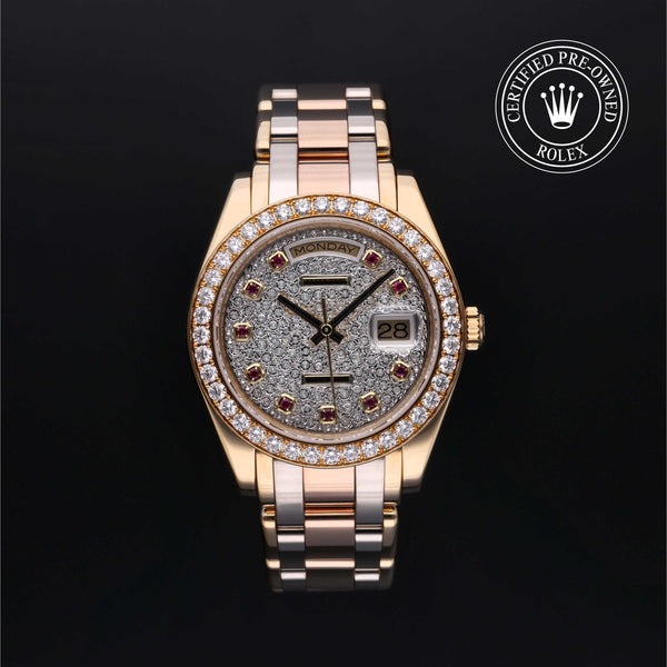Rolex Certified Pre-owned Pearlmaster M18948-0007 front on black background