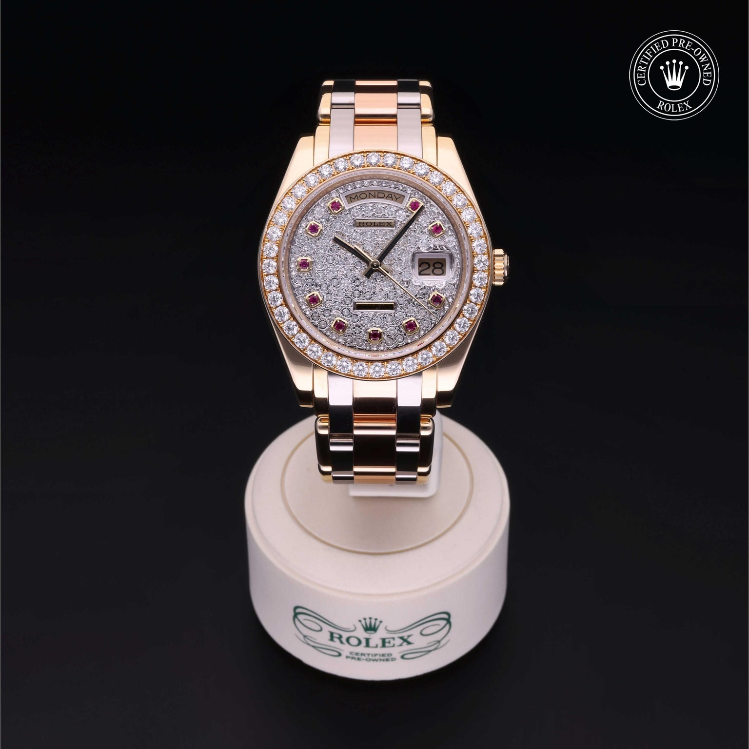 Rolex Certified Pre-owned Pearlmaster M18948-0007 front on black background