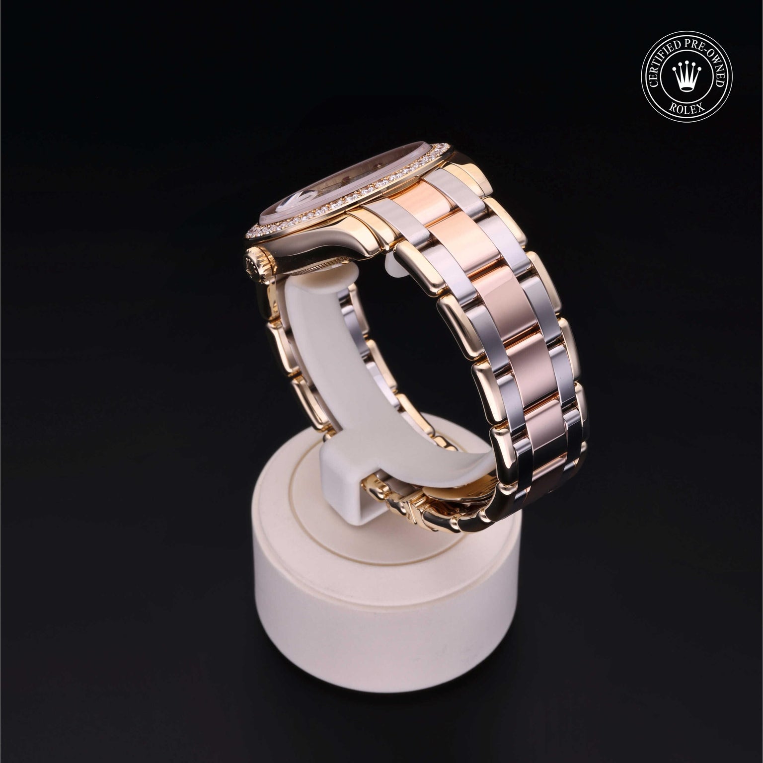 Rolex Certified Pre-owned Pearlmaster M18948-0007 front on black background