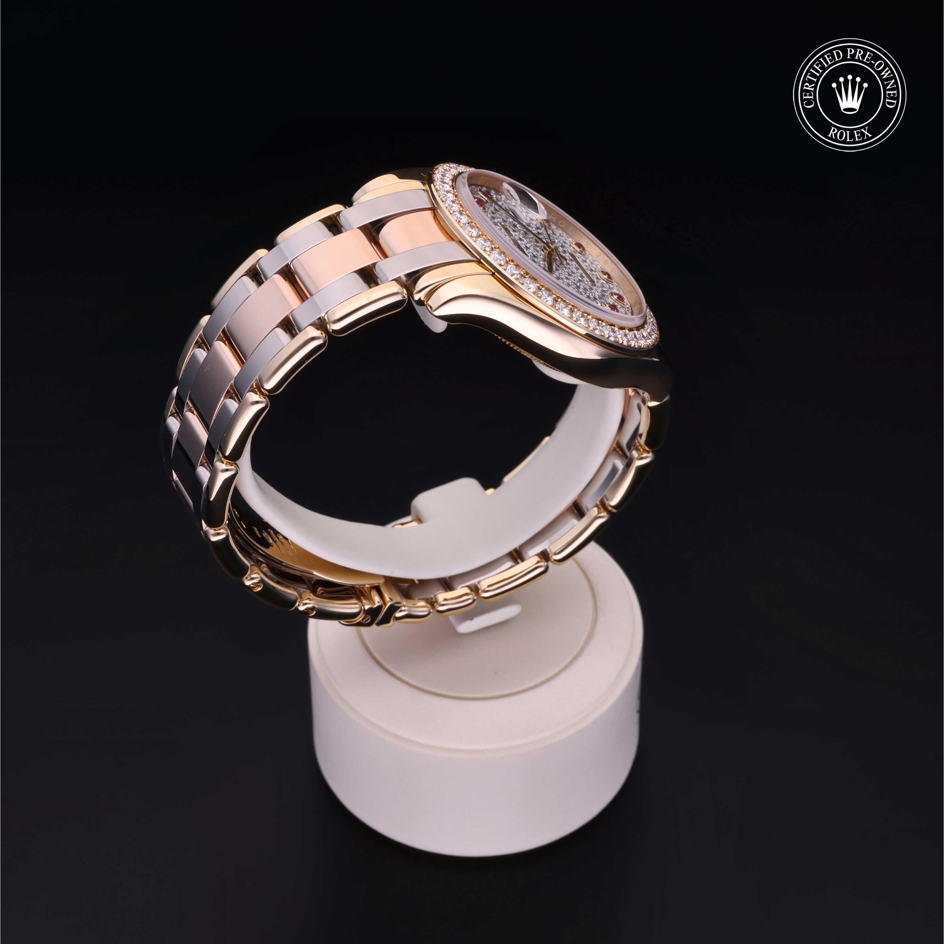 Rolex Certified Pre-owned Pearlmaster M18948-0007 front on black background