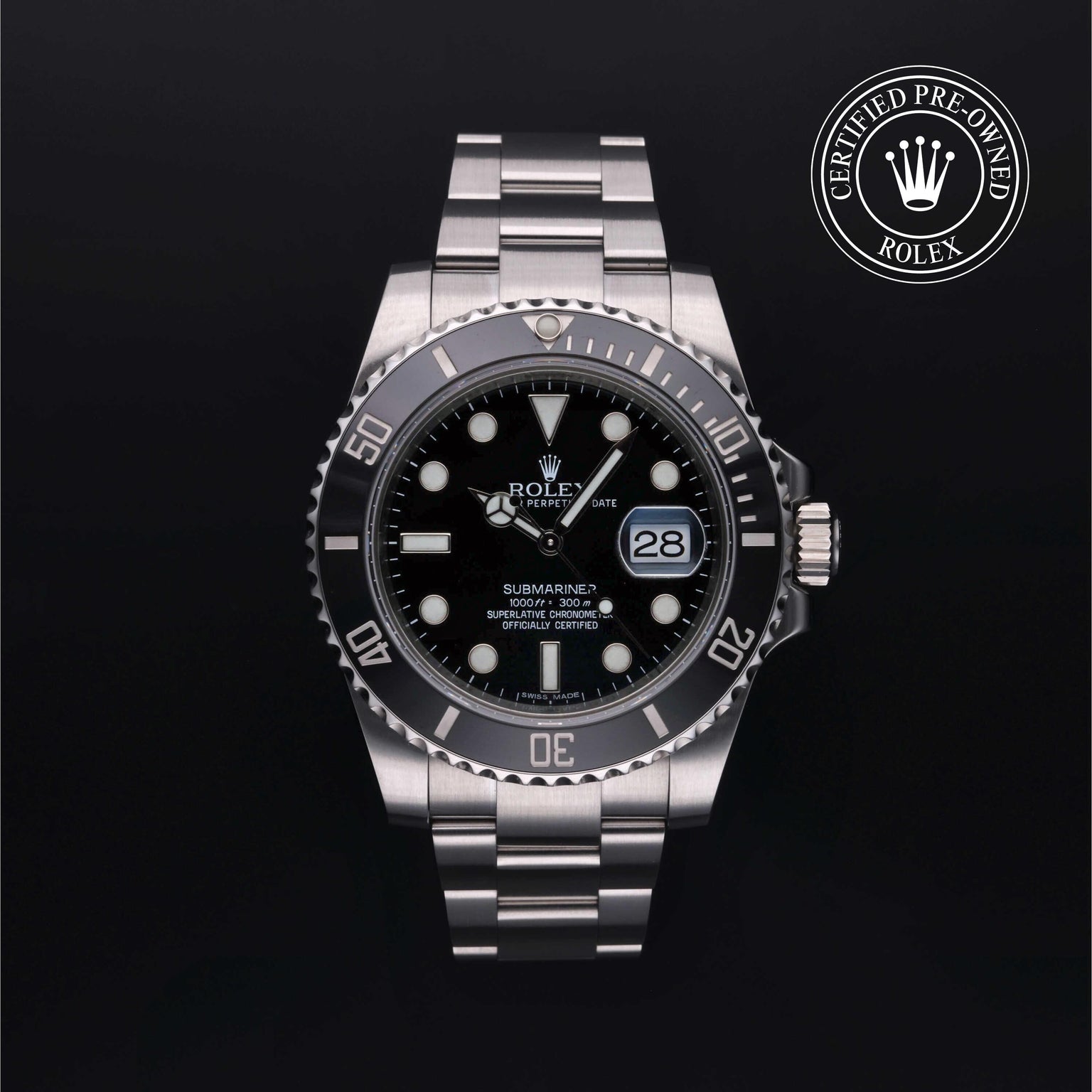 Rolex Certified Pre-owned Submariner M116610LN-0001 front on black background