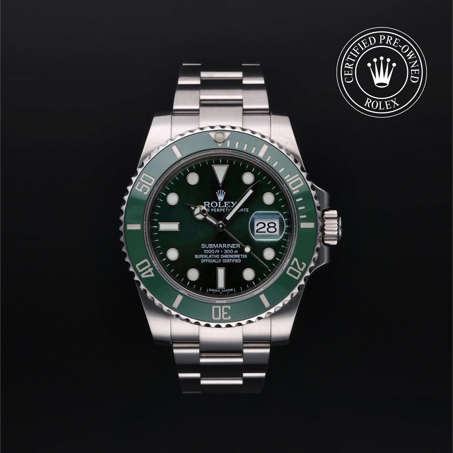 Rolex Certified Pre-owned Submariner M116610LV-0002 front on black background