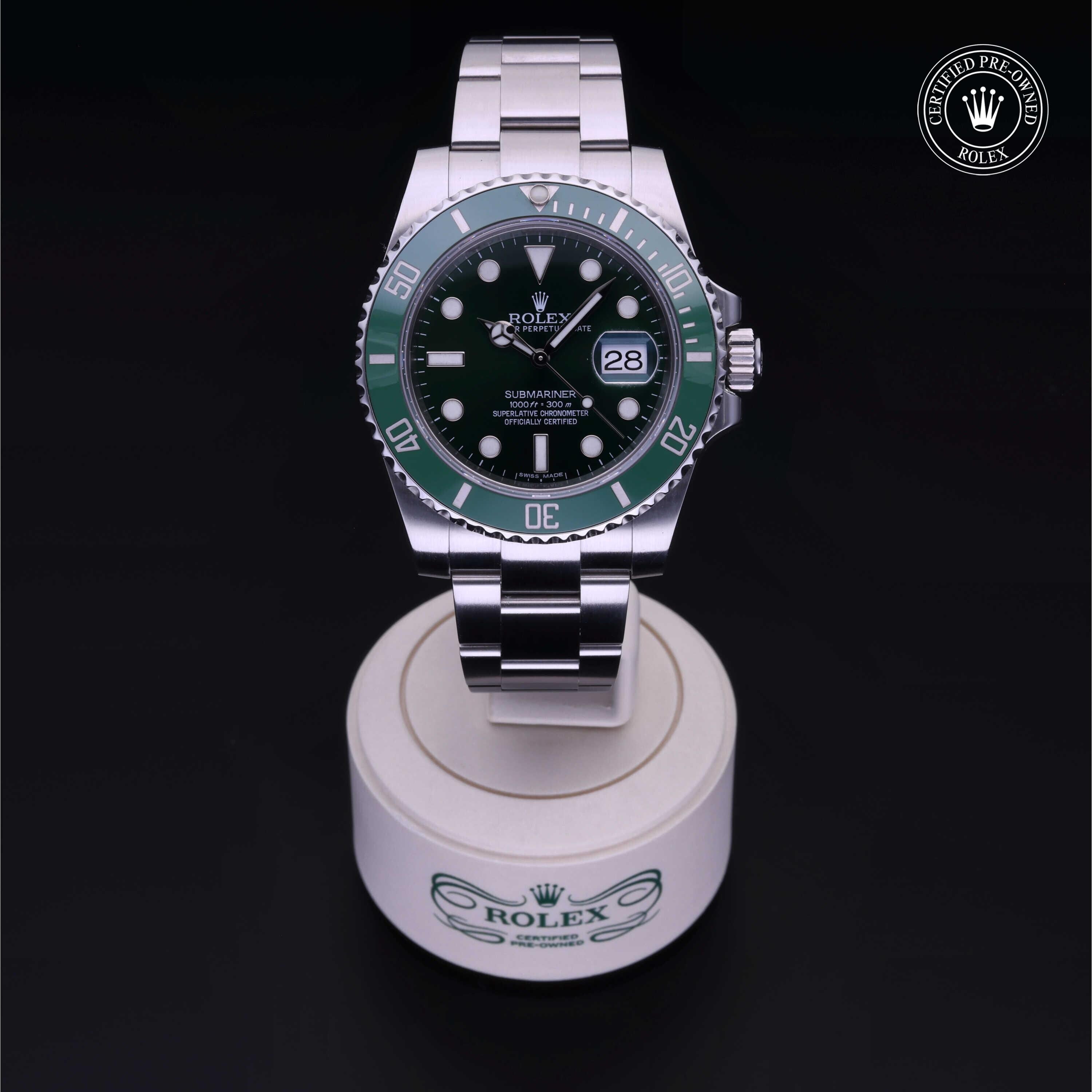 Rolex Certified Pre-owned Submariner M116610LV-0002 front on black background