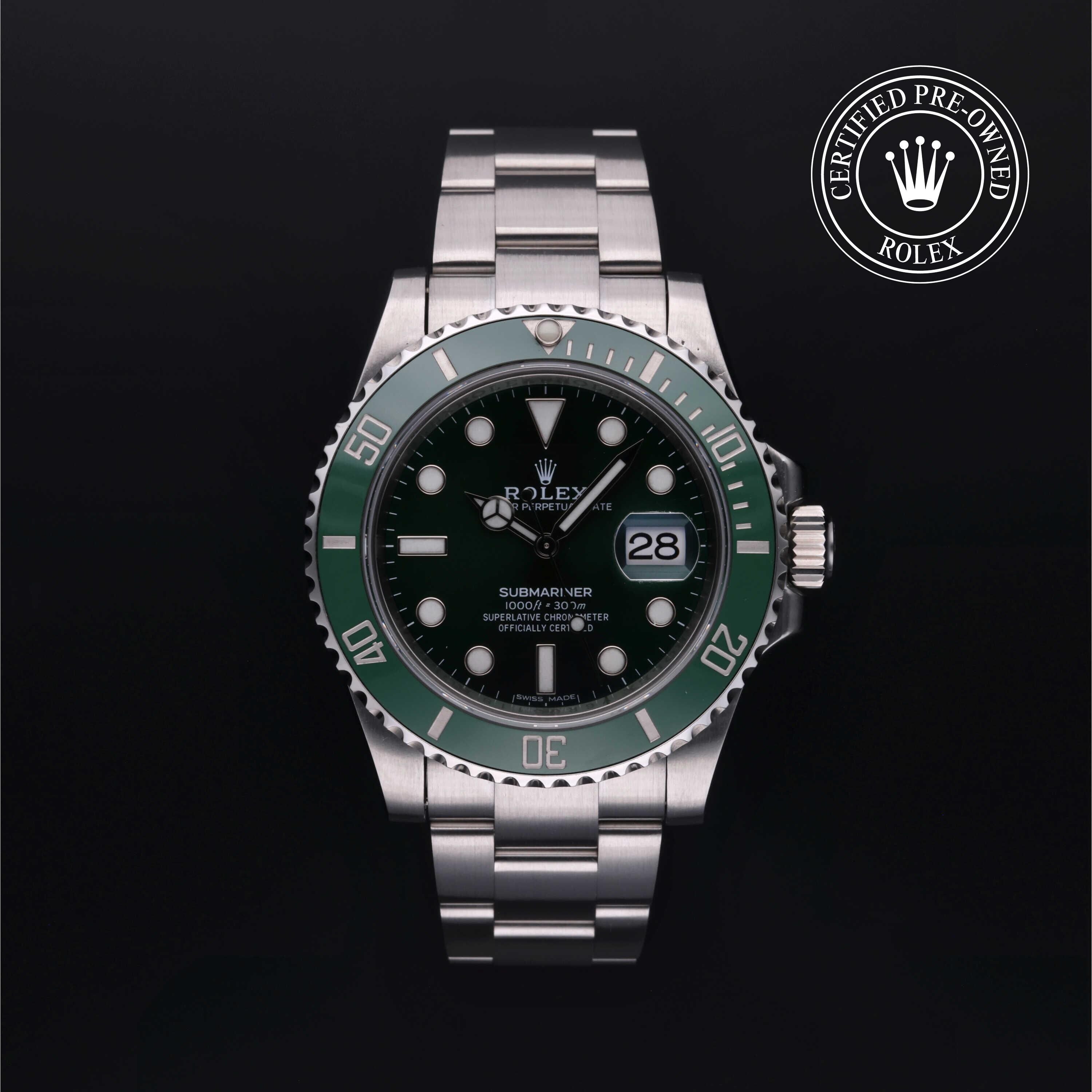 Rolex Certified Pre-owned Submariner M116610LV-0002 front on black background
