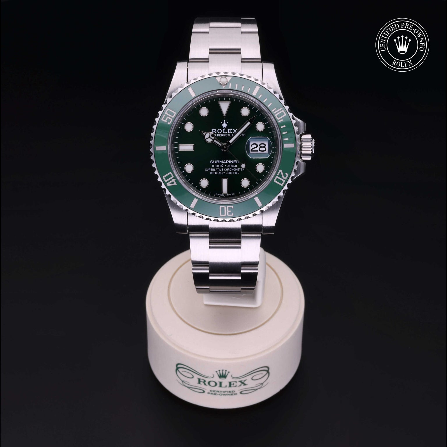 Rolex Certified Pre-owned Submariner M116610LV-0002 front on black background