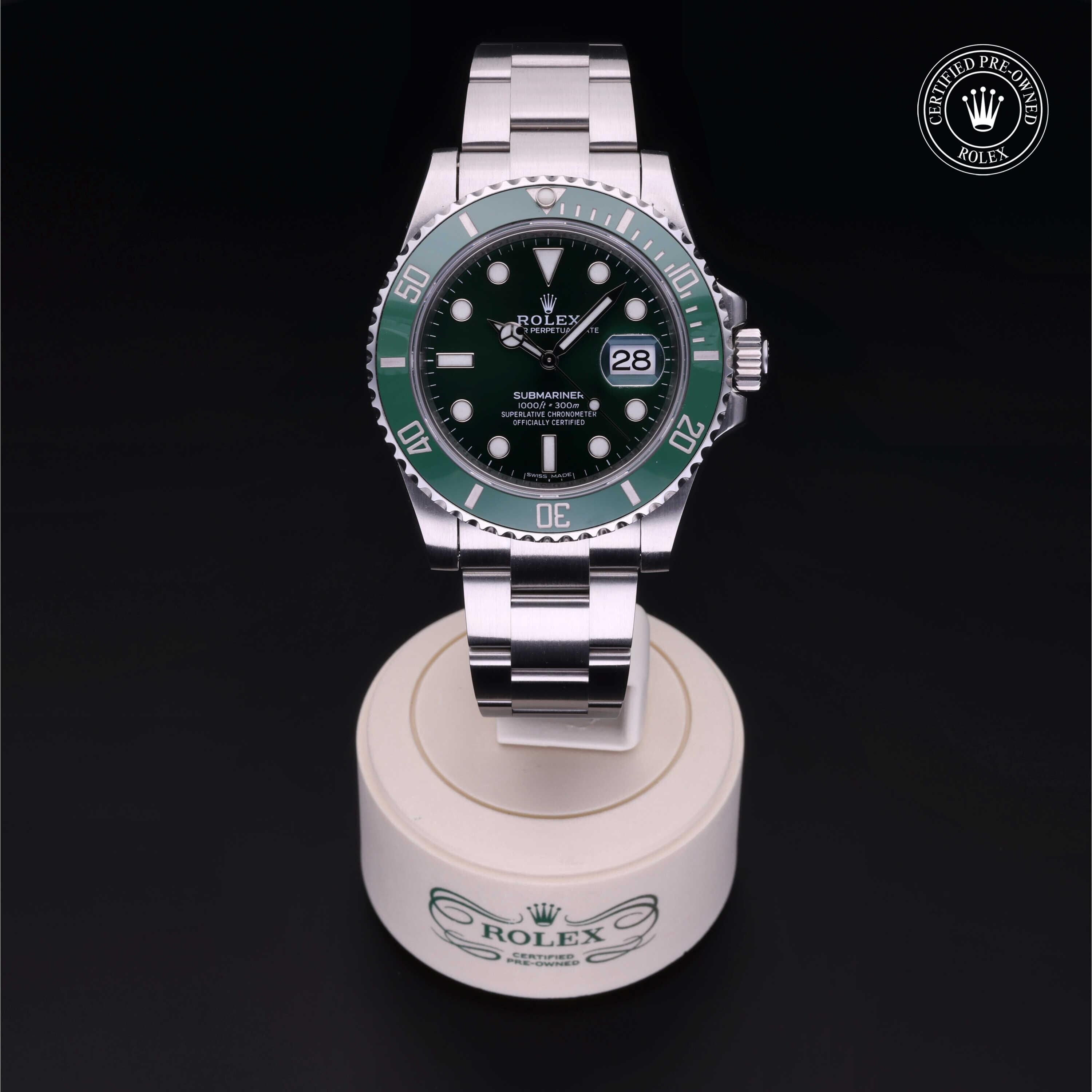 Rolex Certified Pre-owned Submariner M116610LV-0002 front on black background