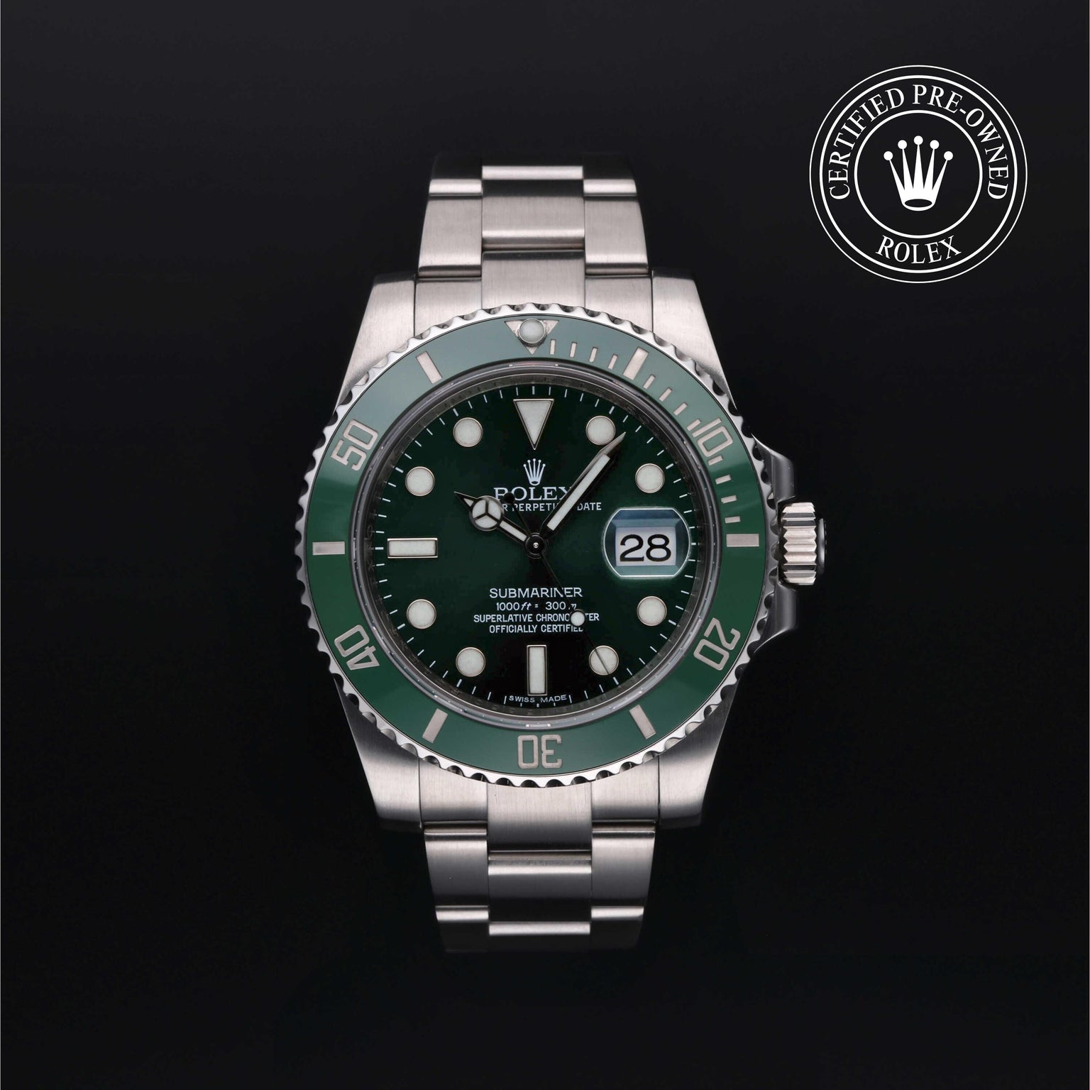Rolex Certified Pre-owned Submariner M116610LV-0002 front on black background