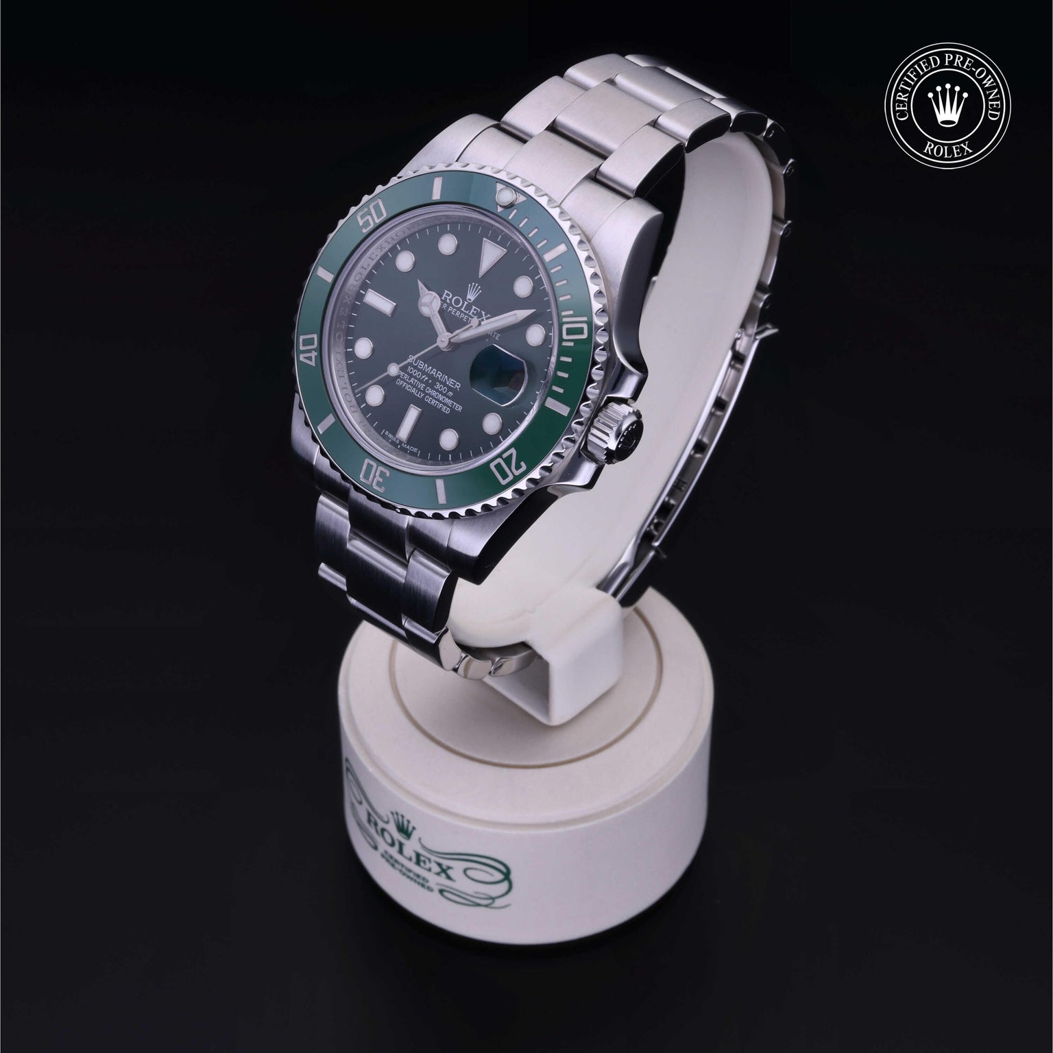 Rolex Certified Pre-owned Submariner M116610LV-0002 front on black background