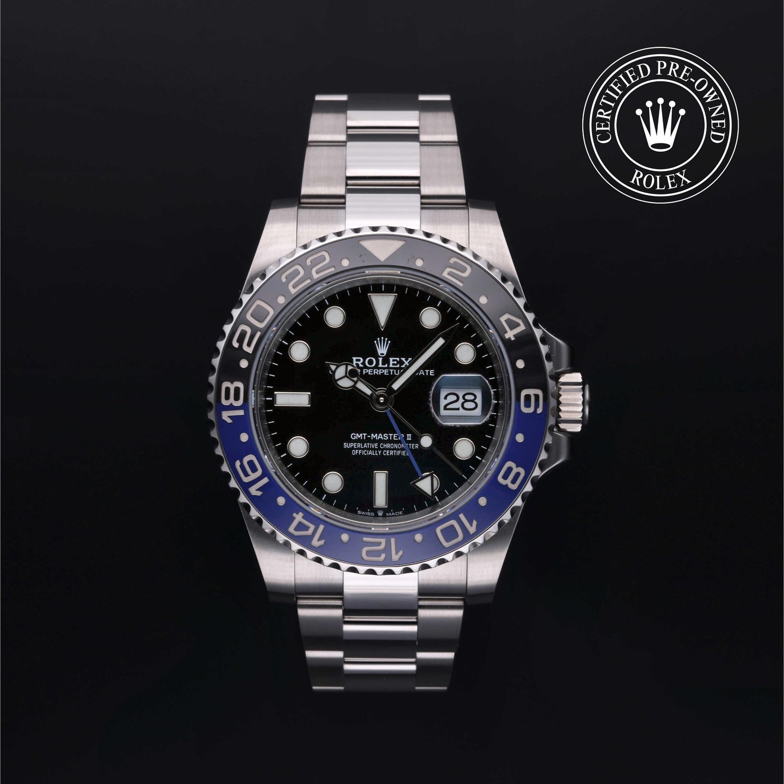 Rolex Certified Pre-owned GMT M126710BLNR-0003 front on black background