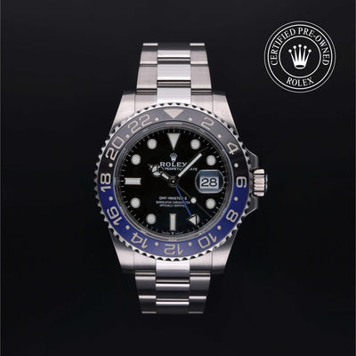 Rolex Certified Pre-owned GMT M126710BLNR-0003 front on black background