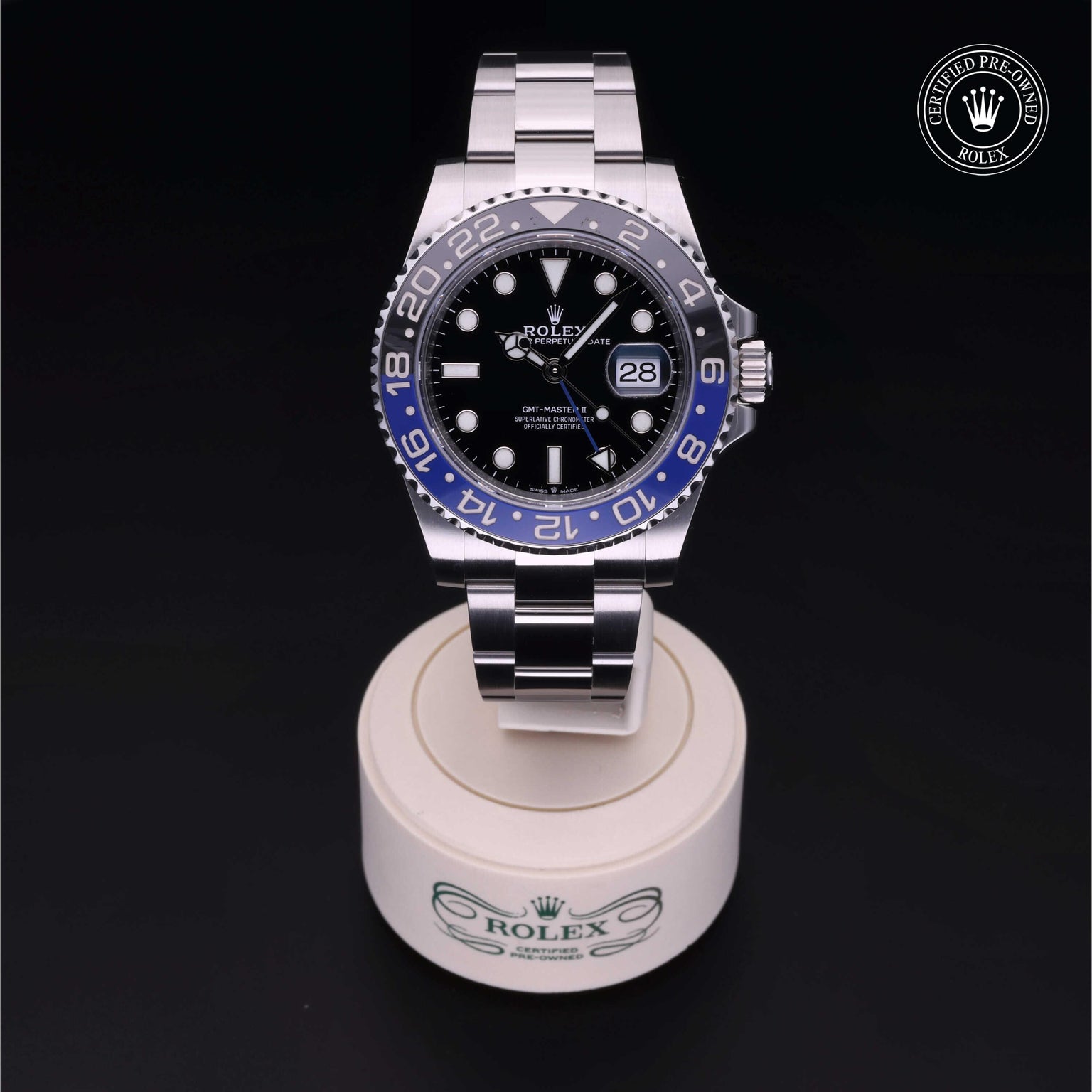 Rolex Certified Pre-owned GMT M126710BLNR-0003 front on black background