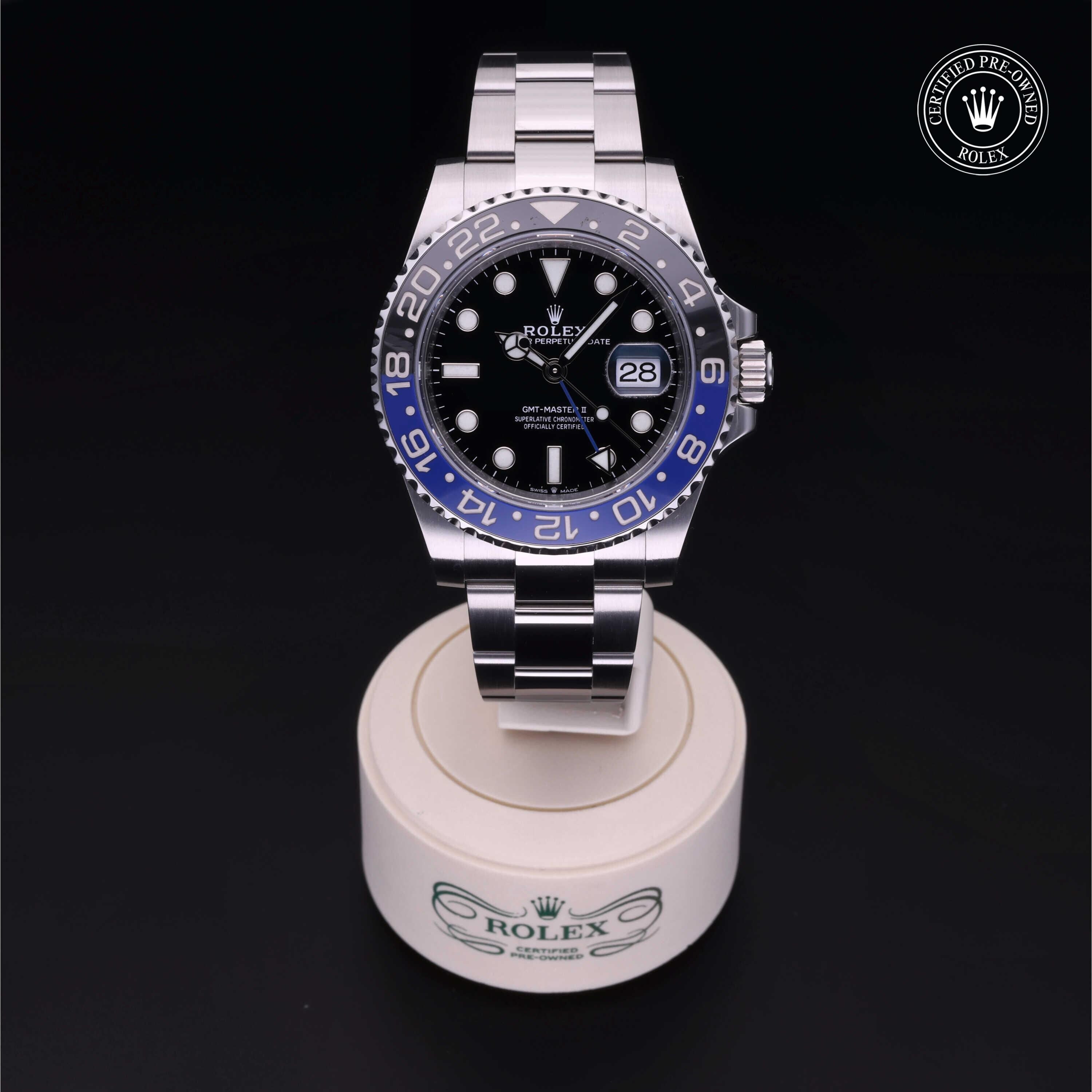Rolex Certified Pre-owned GMT M126710BLNR-0003 front on black background