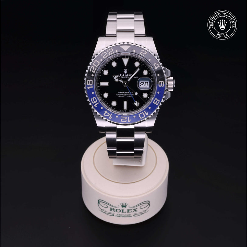 Rolex Certified Pre-owned GMT M126710BLNR-0003 front on black background