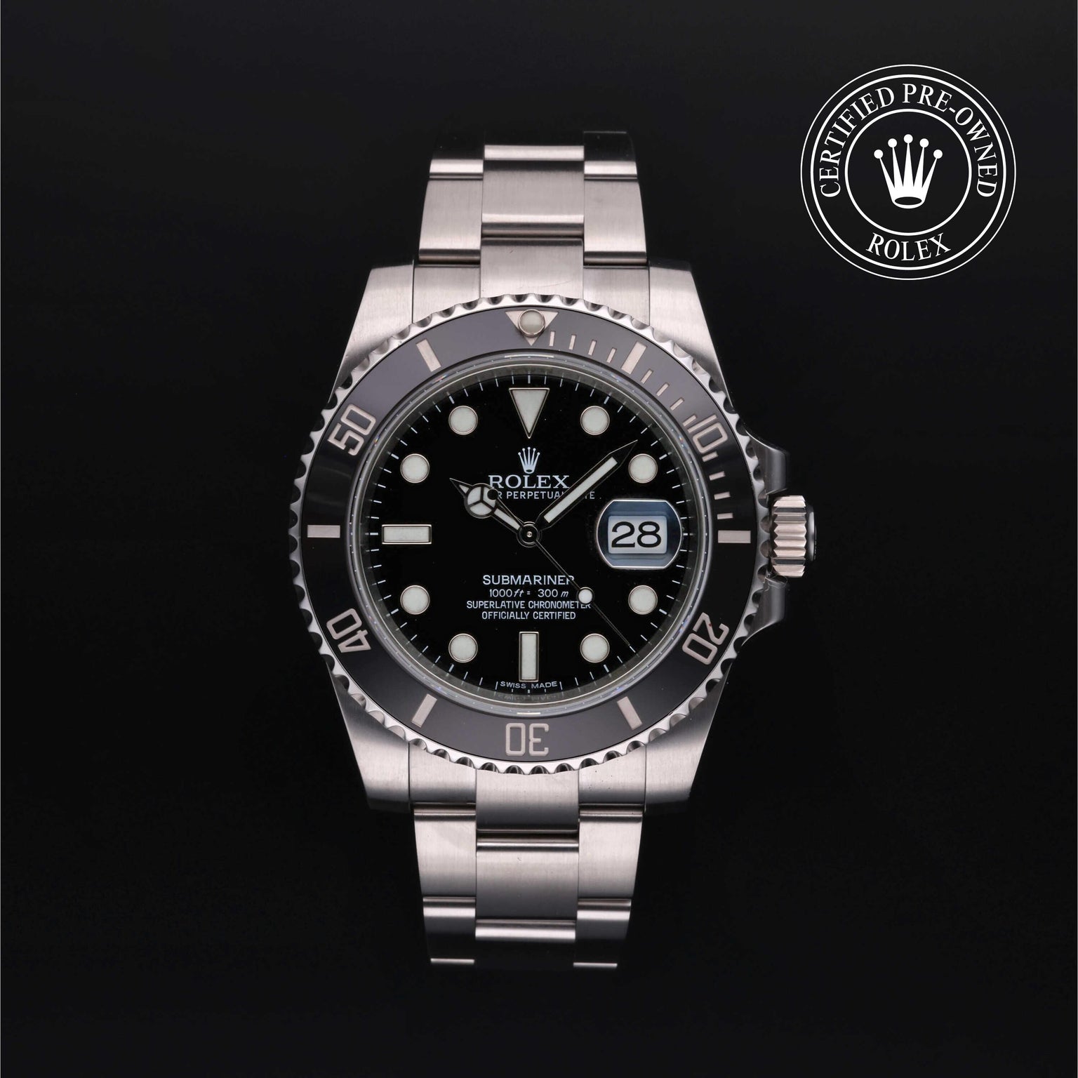 Rolex Certified Pre-owned Submariner M116610LN-0001 front on black background